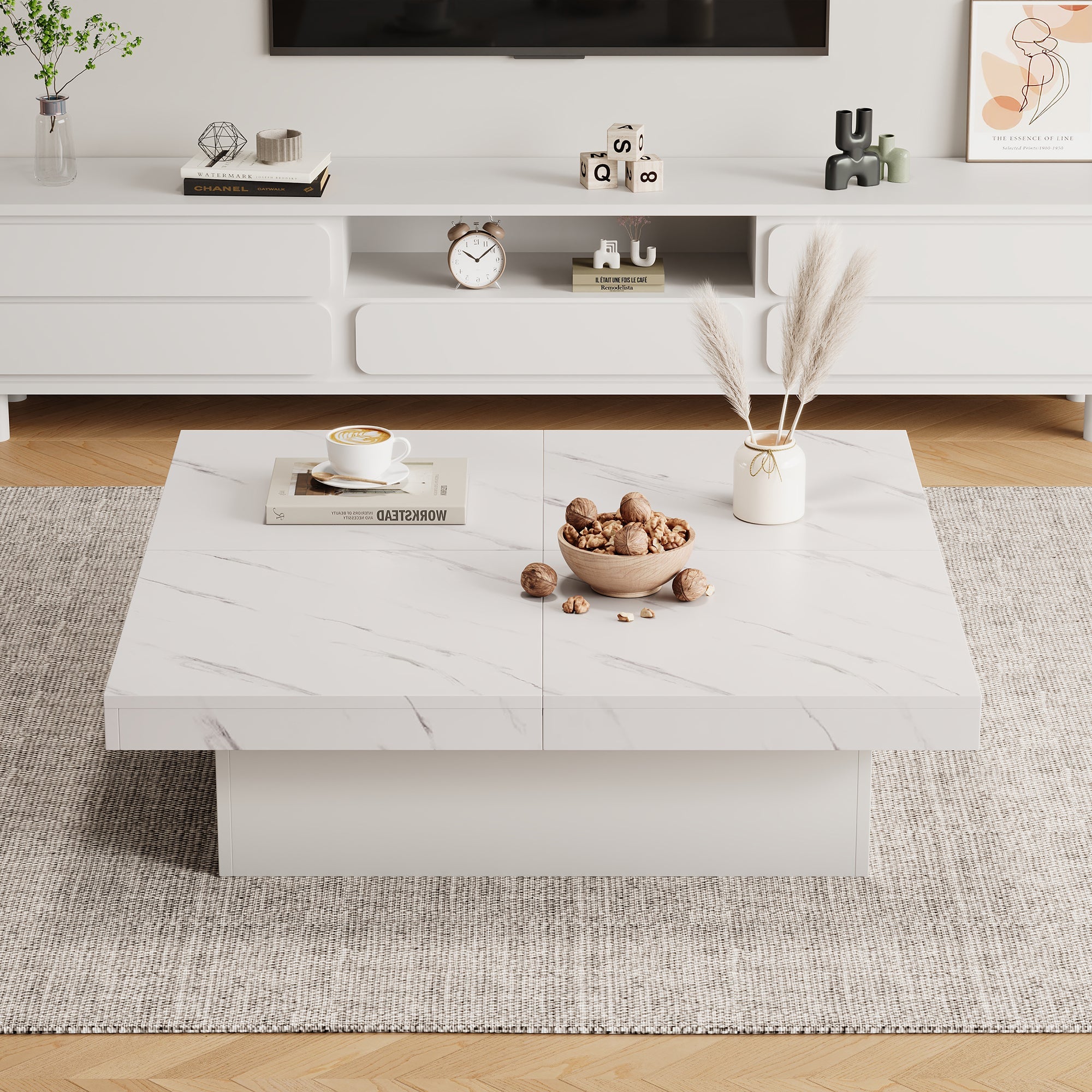 Logidon vierkante salontafel wit marmerlook 90x90x25 cm met lades