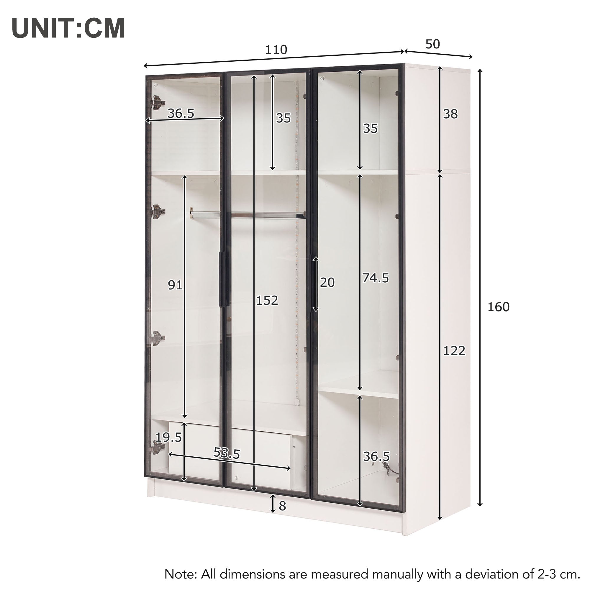 Logidon Witte kledingkast 110x50x160 cm met 3 glazen deuren LED