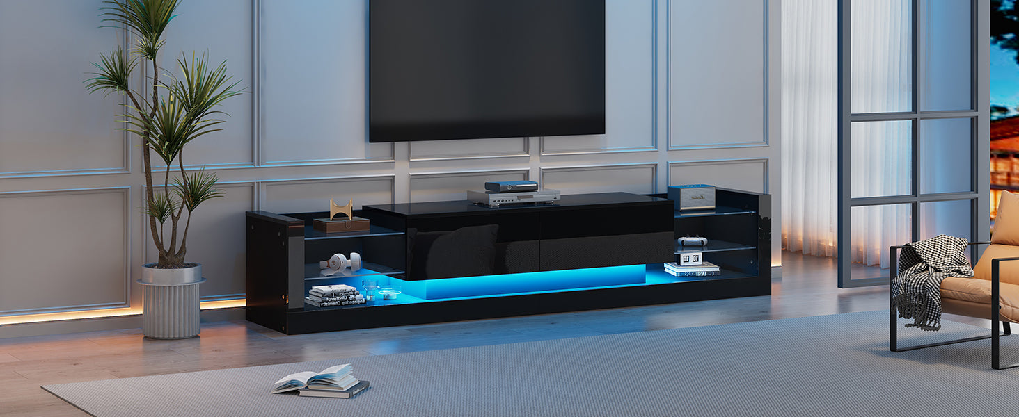 Logidon high-gloss TV cabinet 181 cm LED lighting black glass front