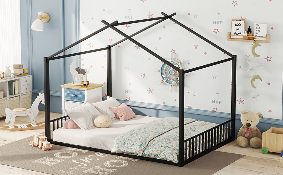 Logidon 140x200cm plat bed huisbed met ijzeren frame zwart