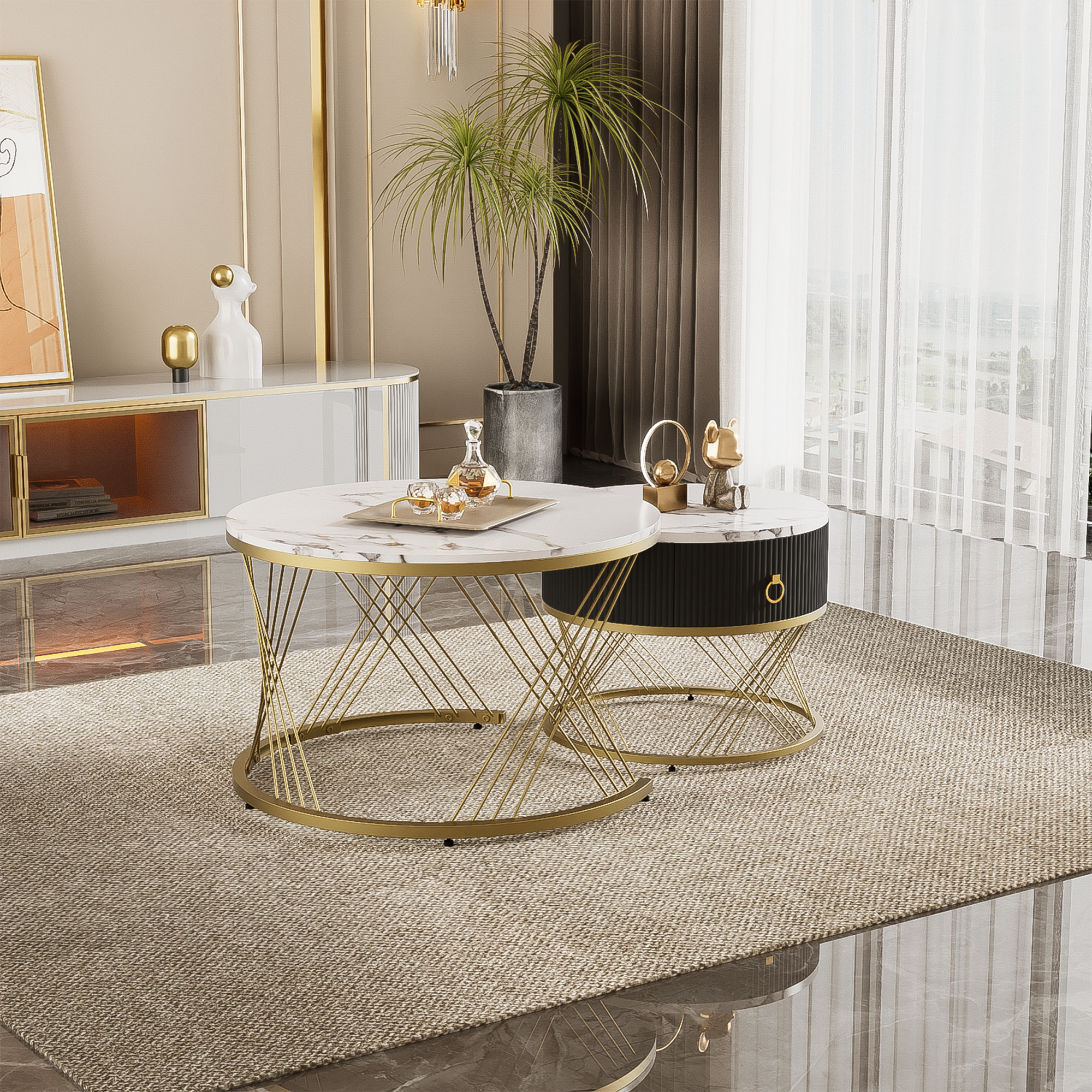 Logidon elegante modulaire salontafelset marmerlook witgoud decor set van 2