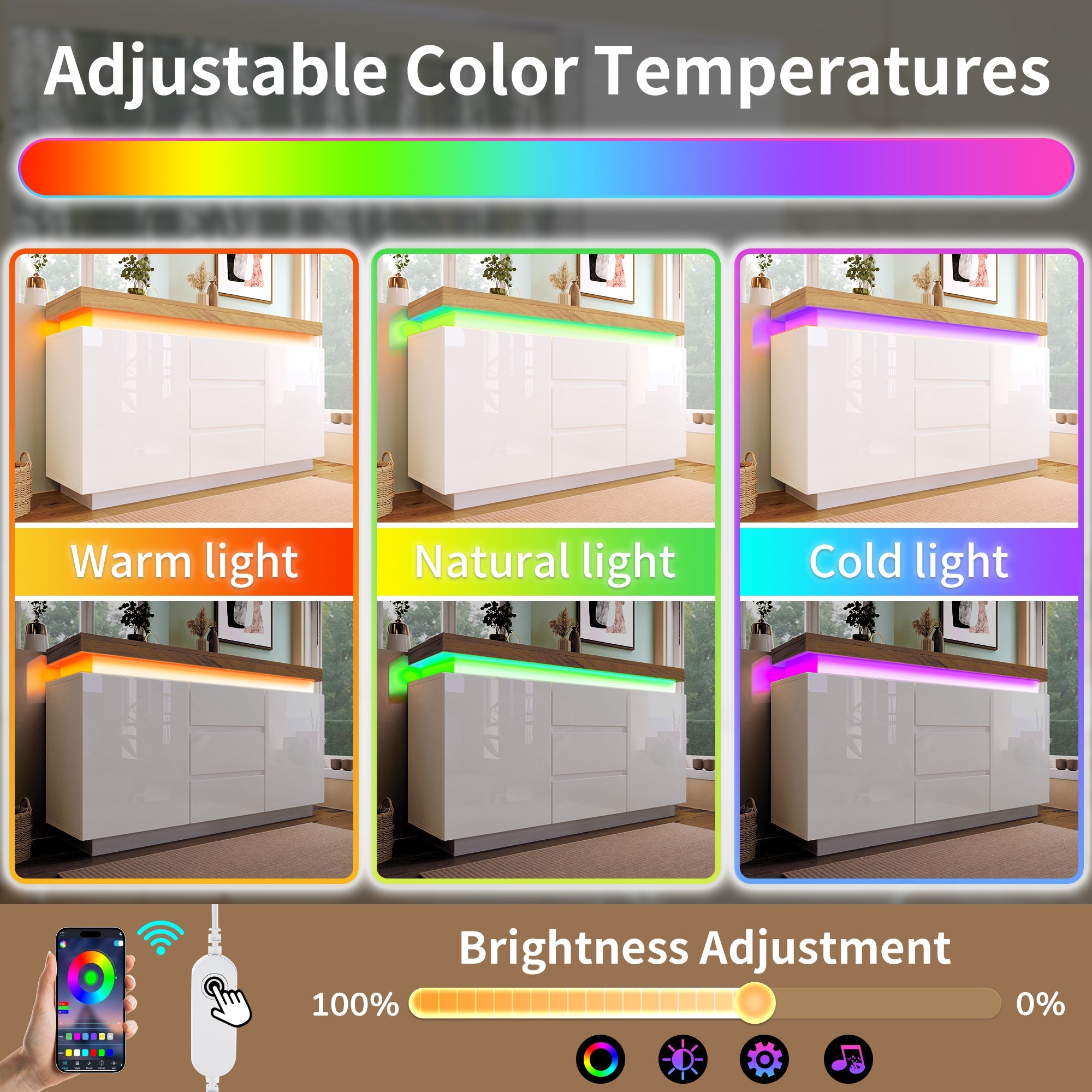 Logidon Wit Dressoir Met LED Verlichting 2 Deurs 3 Lades