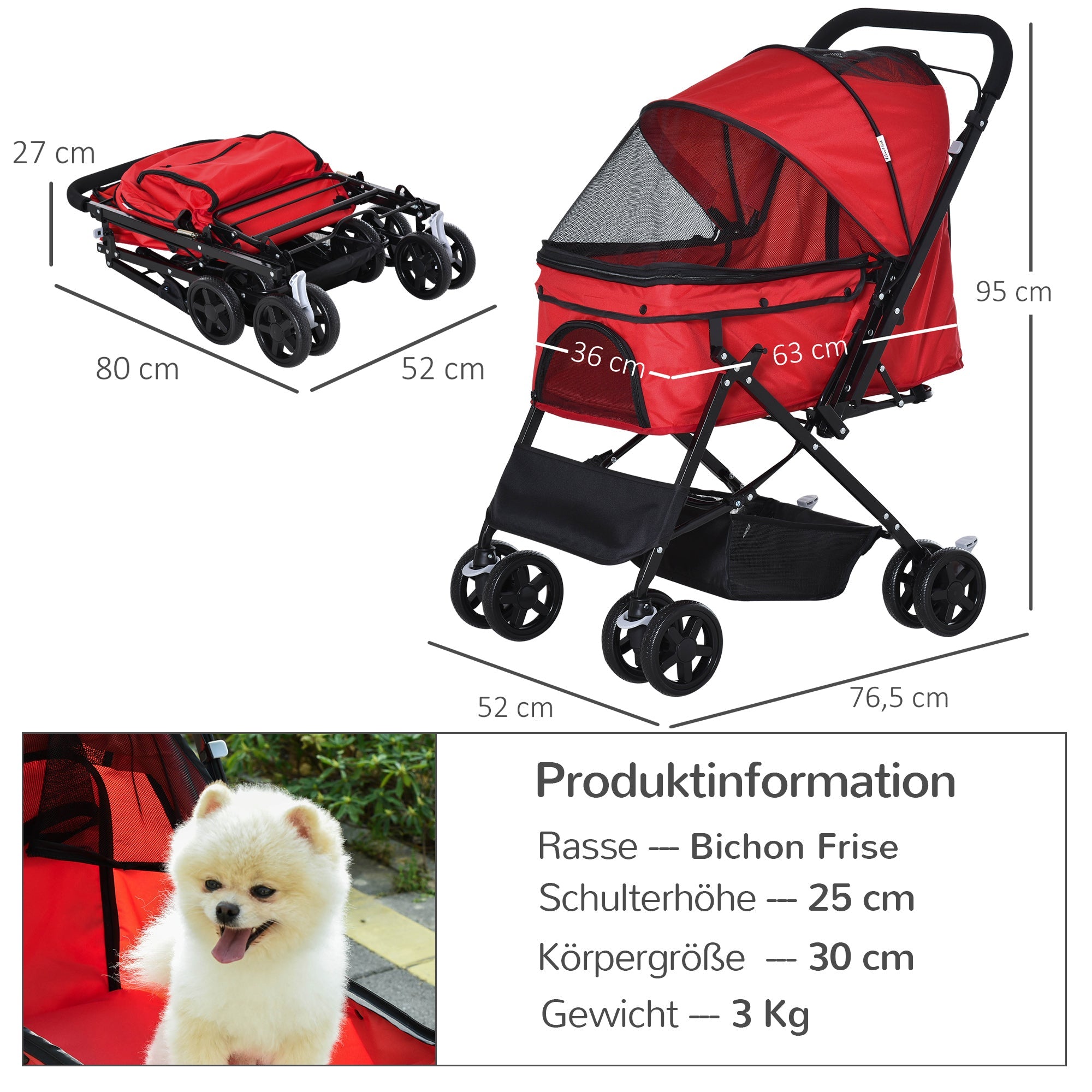 Logidon Hondenkar Oxford Rood 76,5x52x95cm voor kleine honden en katten