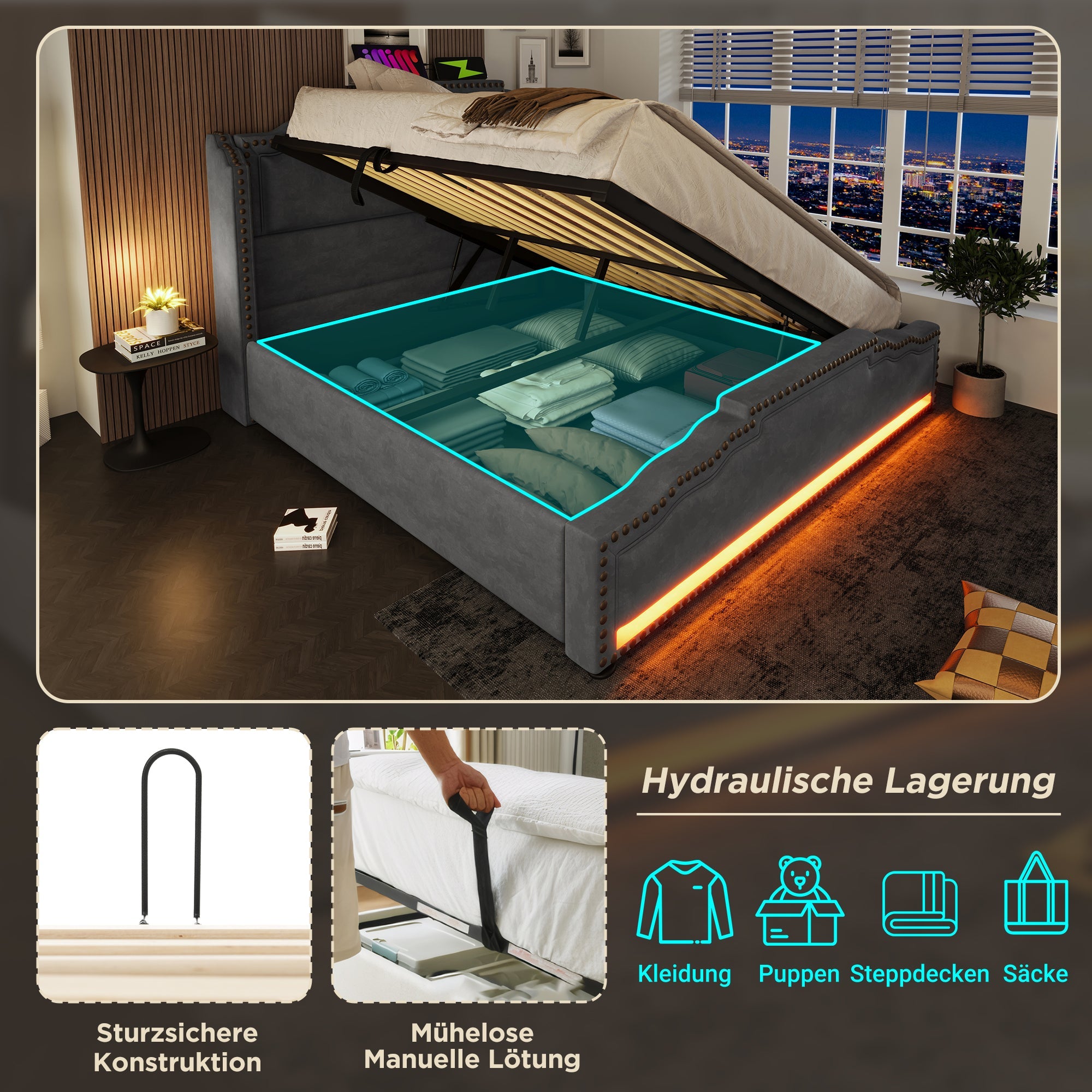 Logidon gestoffeerd bed 140x200 met hydraulische opbergruimte LED USB-C grijs