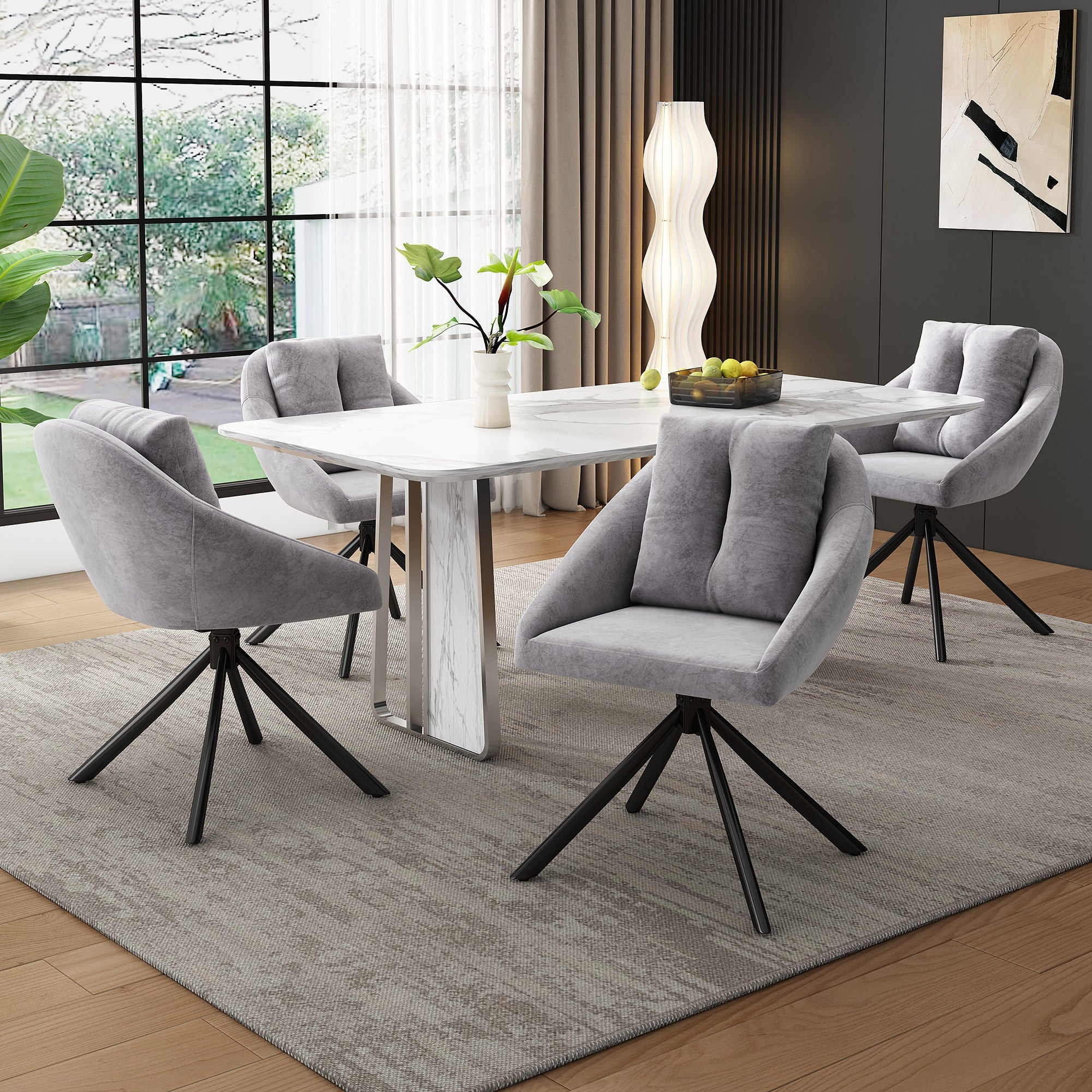 Logidon moderne grijze fluwelen stoelset van 6 ergonomische eetstoelen draaistoelen