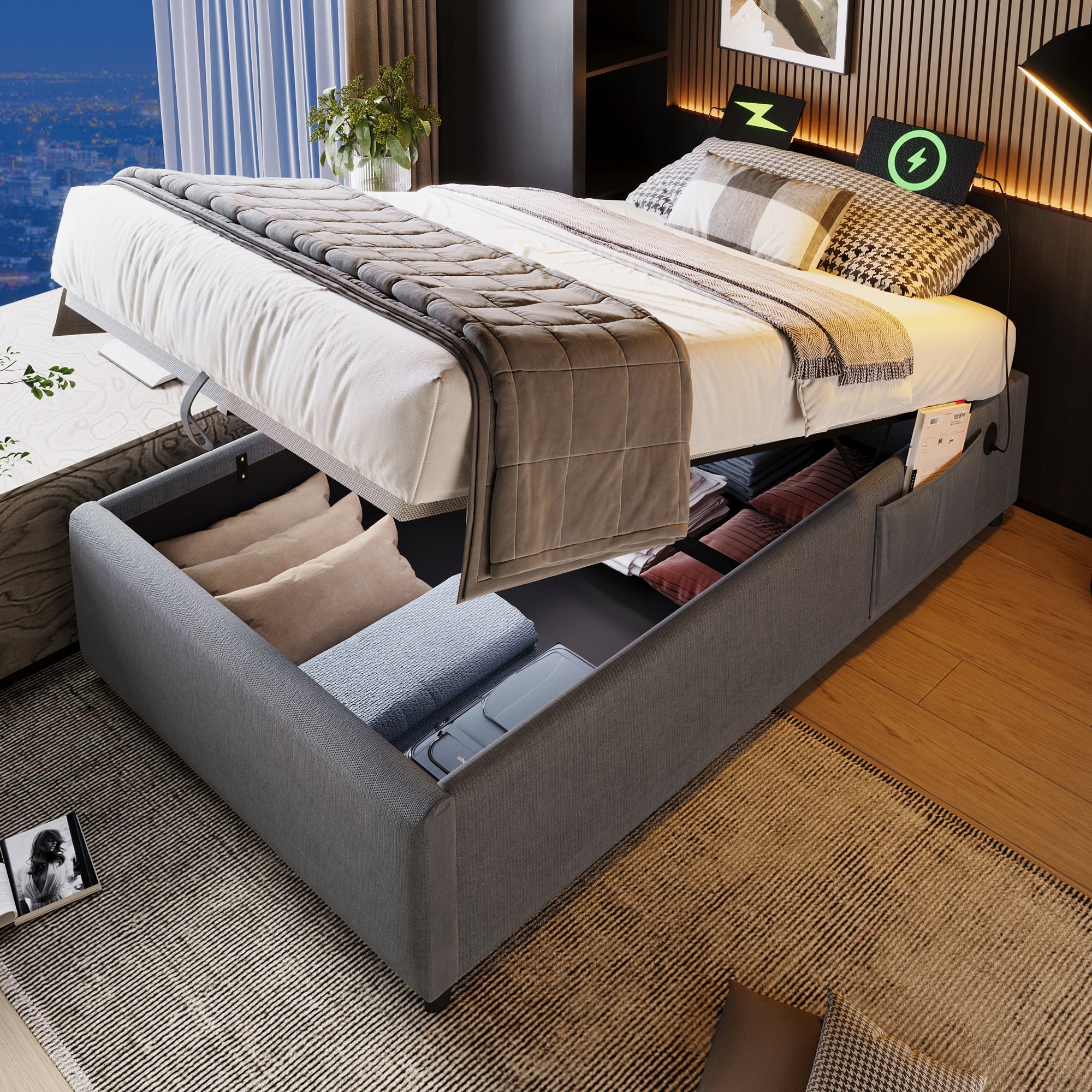 Logidon gestoffeerd bed 90x200 cm grijs met USB-C oplaadfunctie zonder hoofdeinde