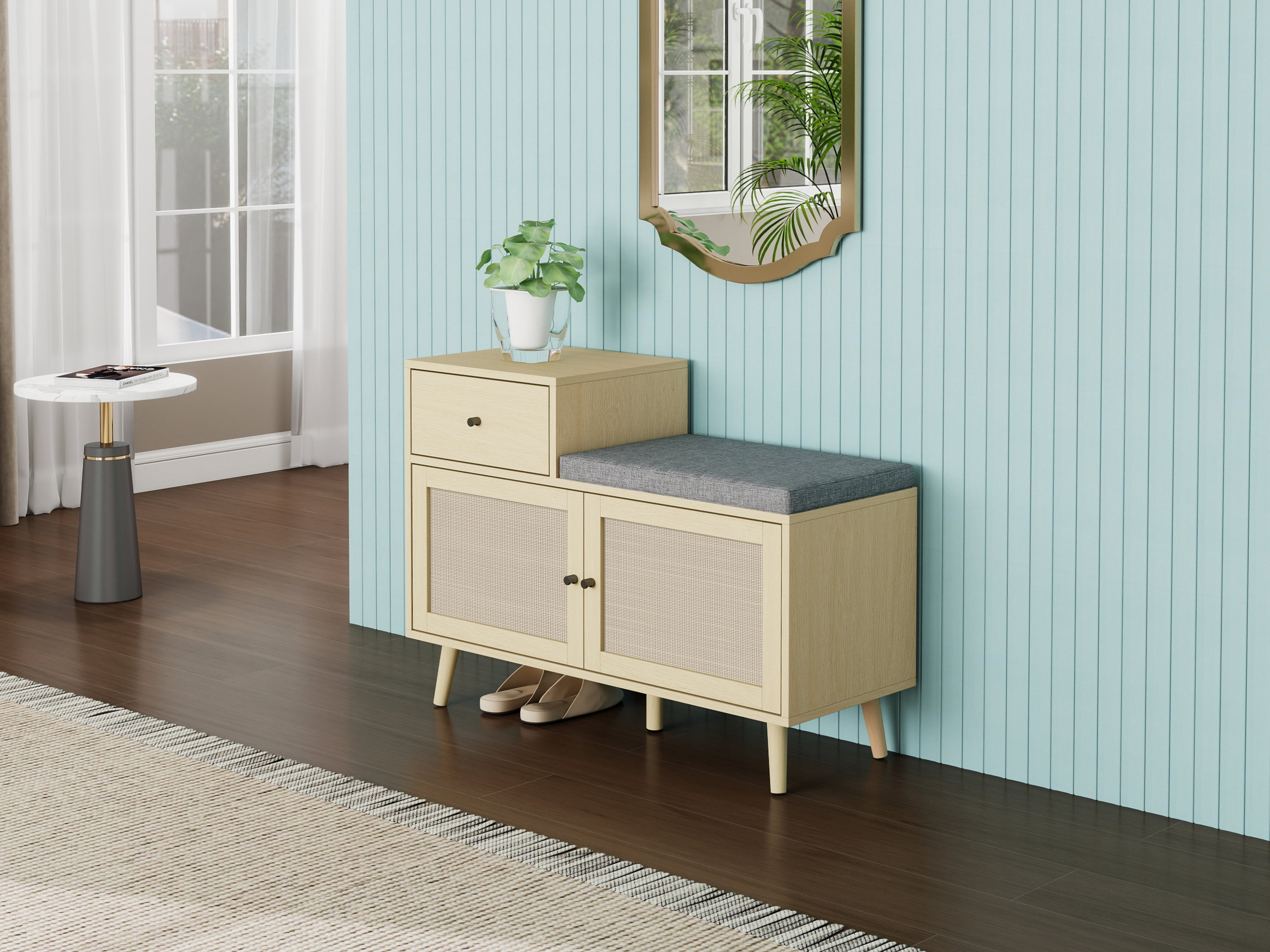 Logidon Boho shoe bench with rattan doors and drawer 90x35x65 cm