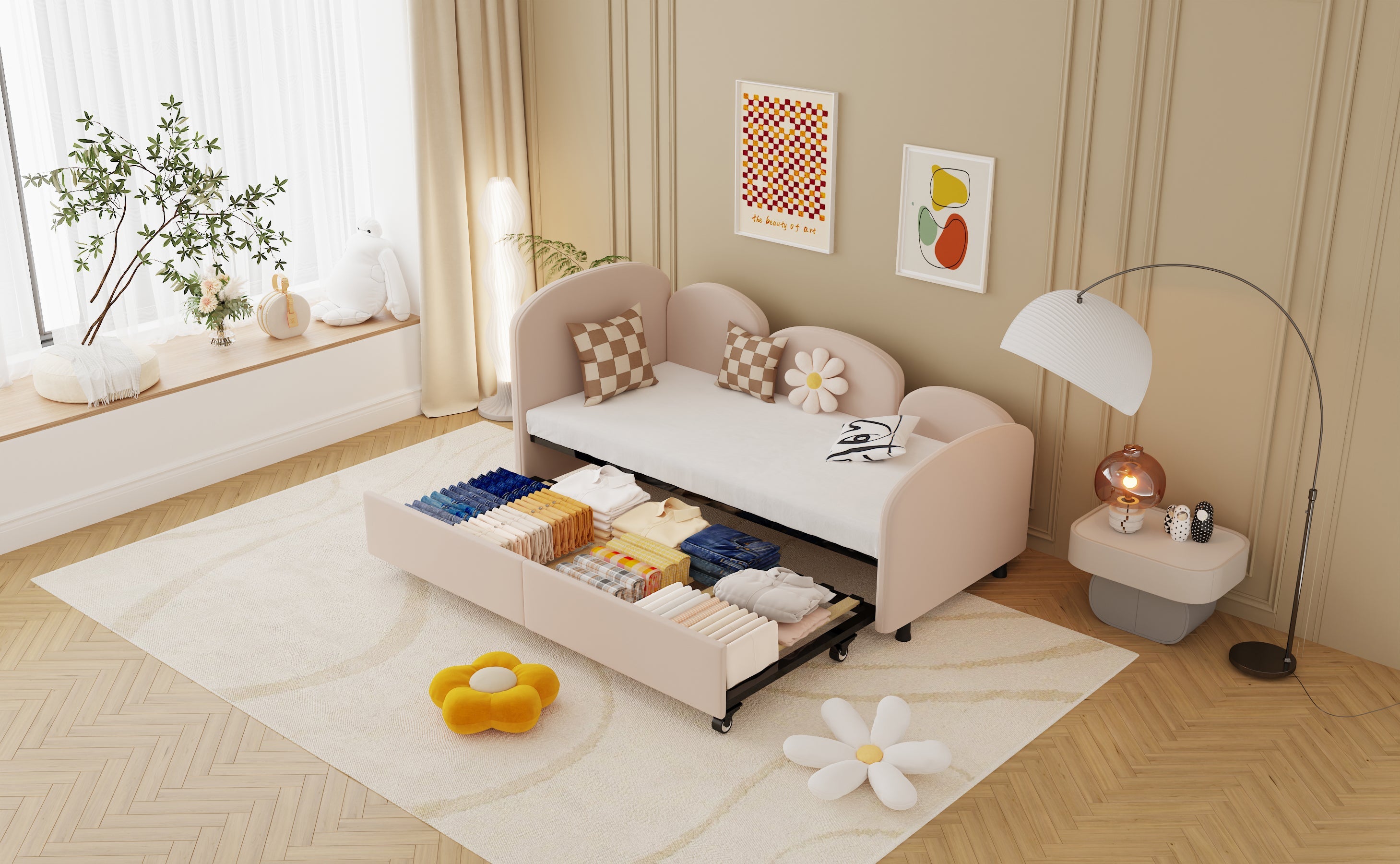 Logidon Softsea Daybed Twin met opbergruimte roze fluweel