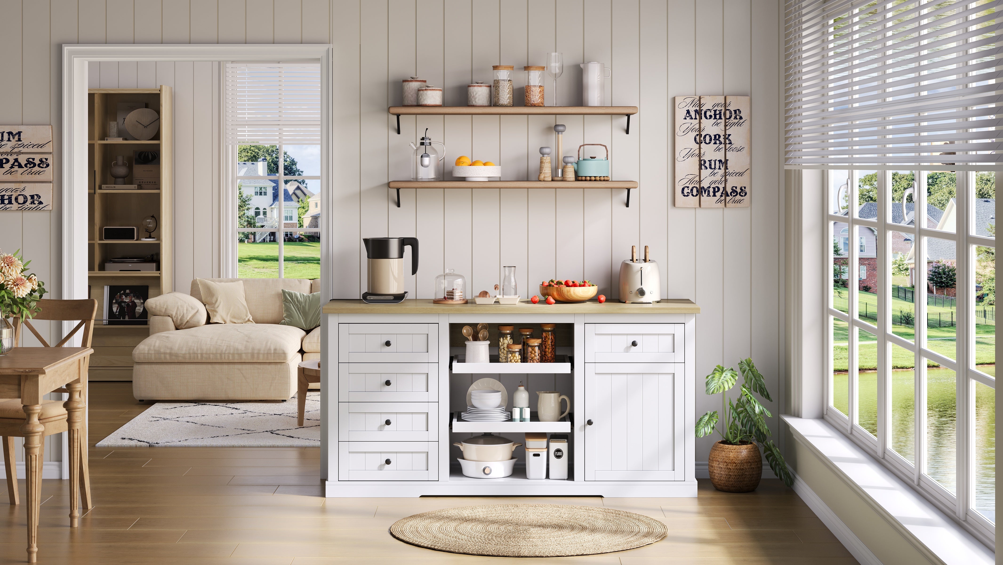 Logidon dressoir keukeneiland wit houten blad 5 laden 150x65x75 cm