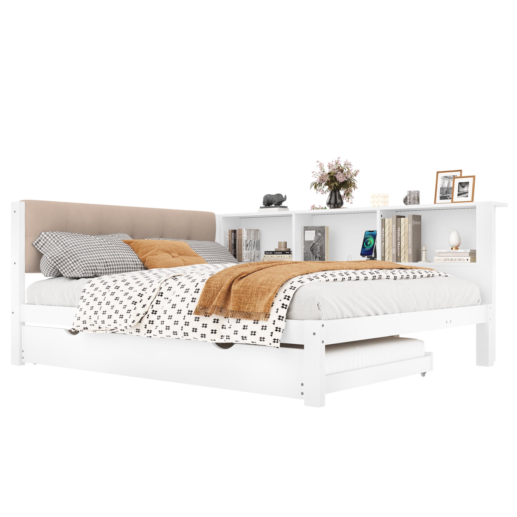 Logidon daybed wit 140x200 CM met uitschuifbaar bed LED-verlichting