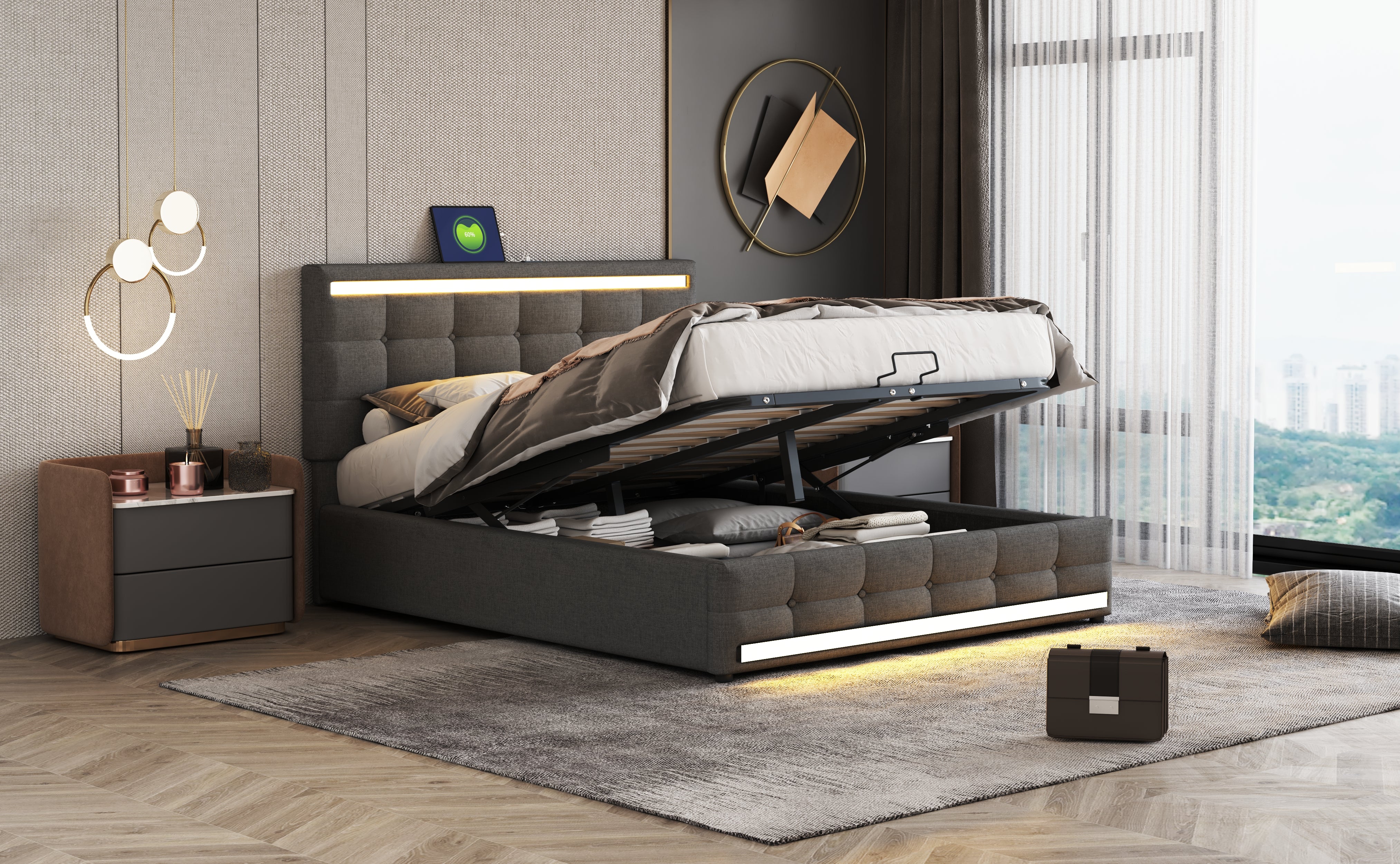 Logidon gestoffeerd bed 140x200 LED, opbergruimte, USB, grijs