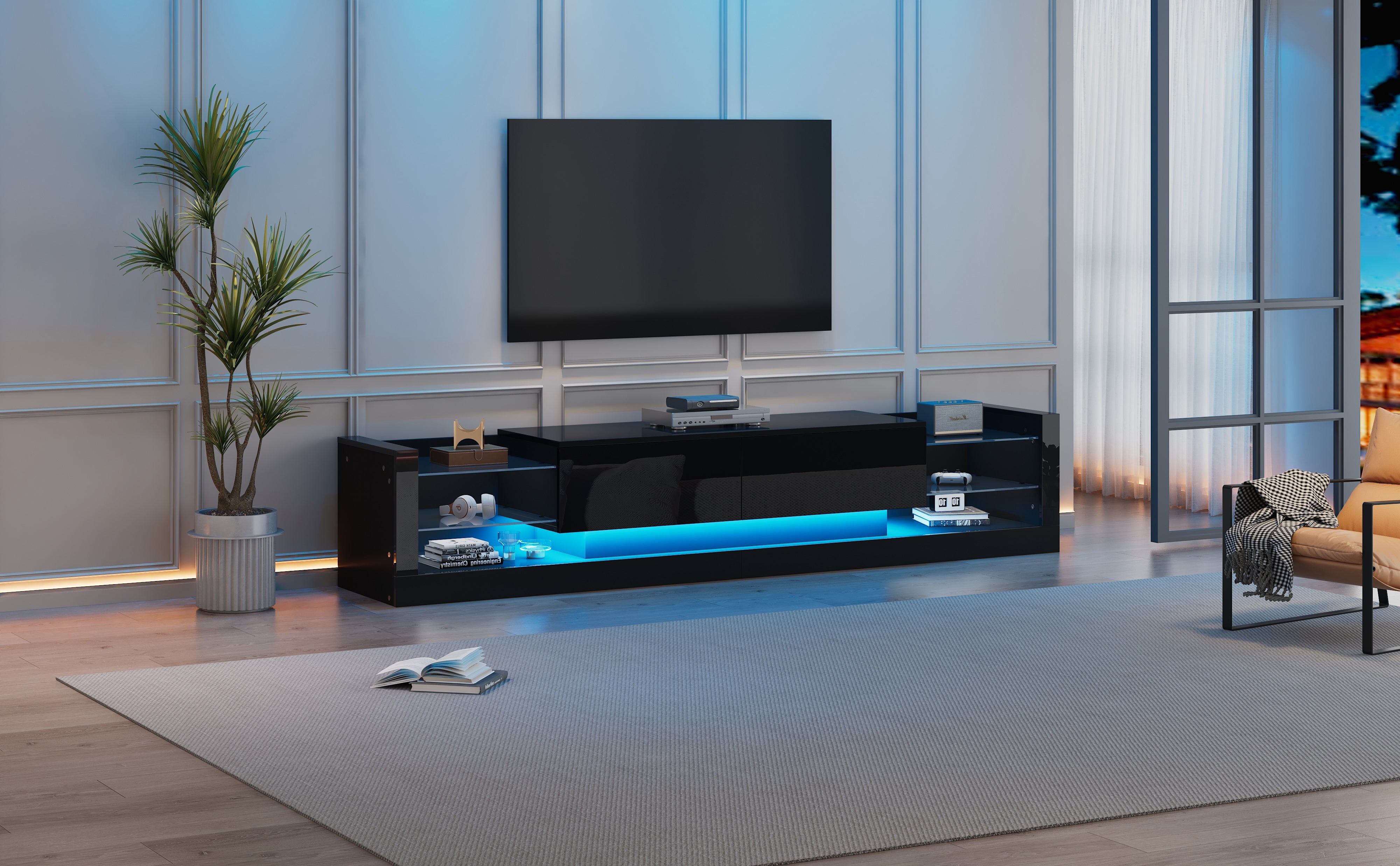 Logidon high-gloss TV cabinet 181 cm LED lighting black glass front