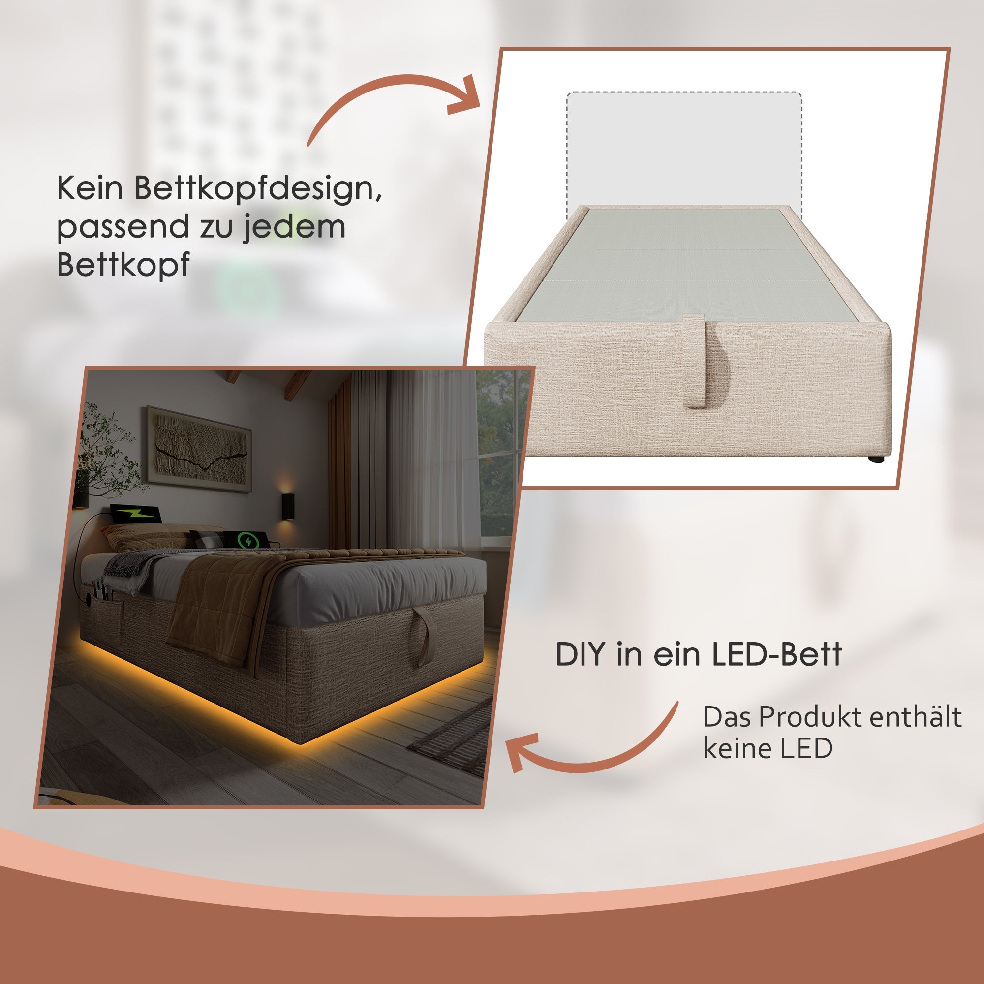 Logidon gestoffeerd bed 90x200 naturel linnen USB C opladen volledige lattenbodem