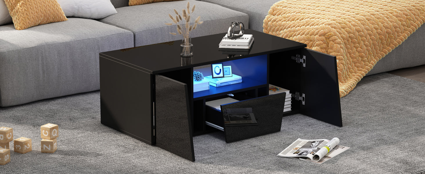 Logidon coffee table 100x50x40 cm black with LED 2 cabinets 1 drawer