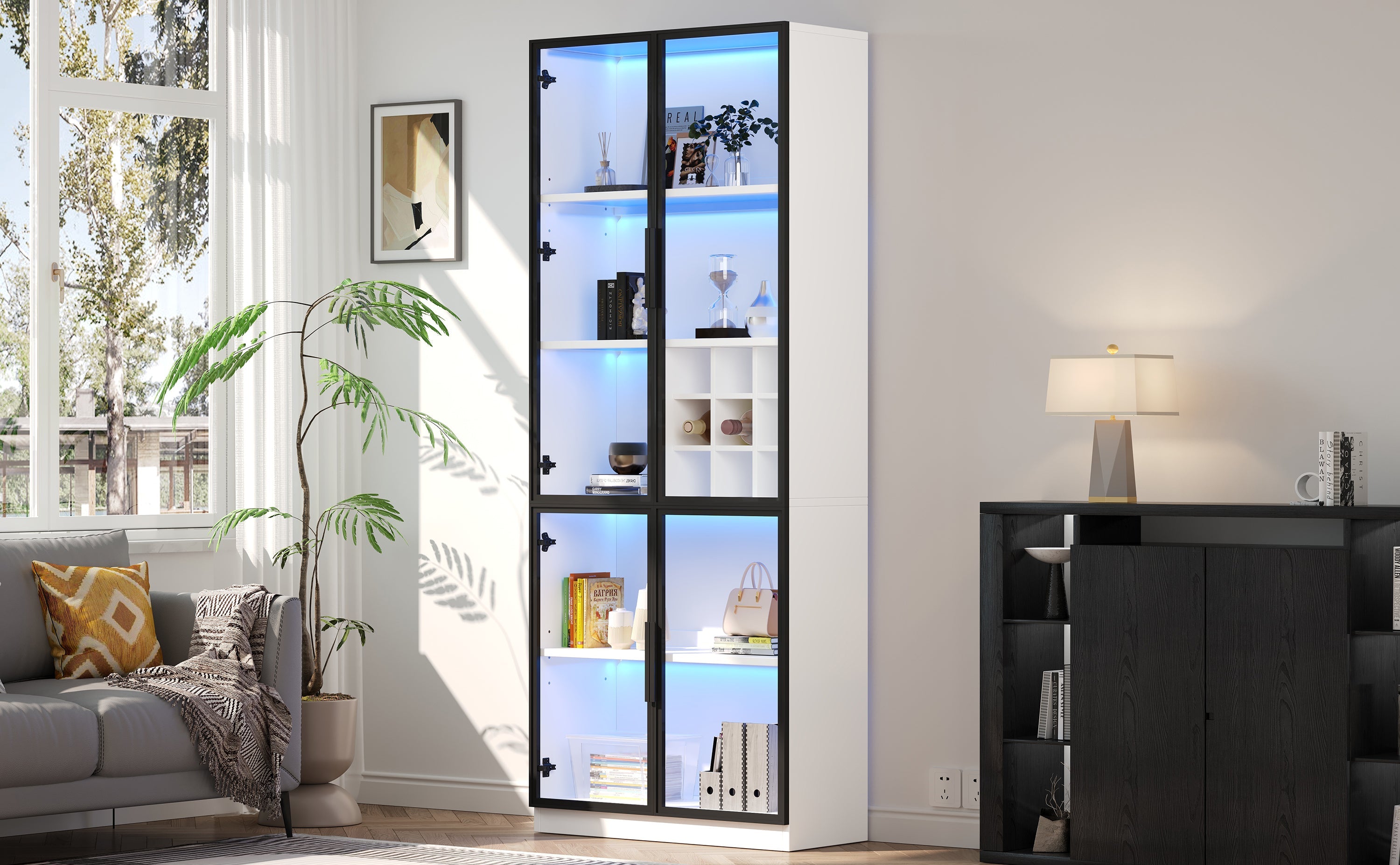 Logidon showcase 80x35x200 white glass doors LED lighting wine rack