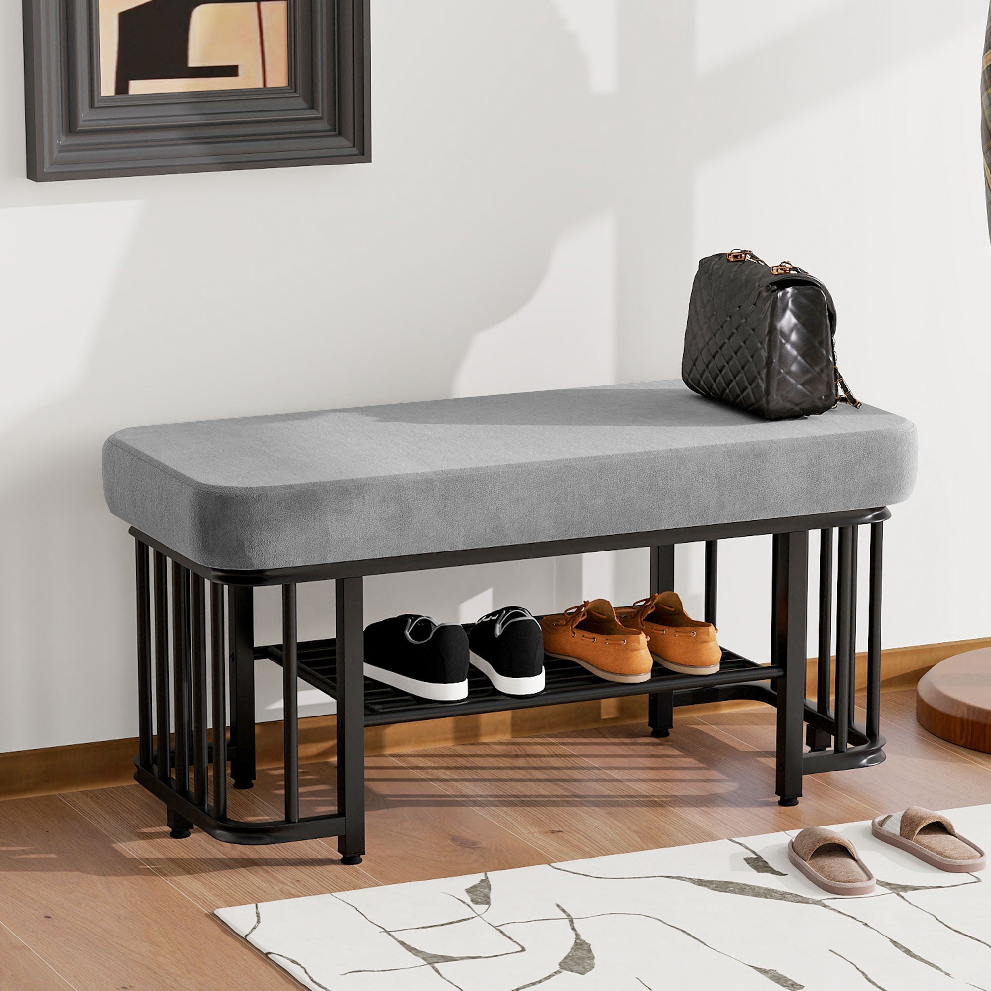 Logidon moderne schoenenbank met fluwelen zitting en grijs metalen frame