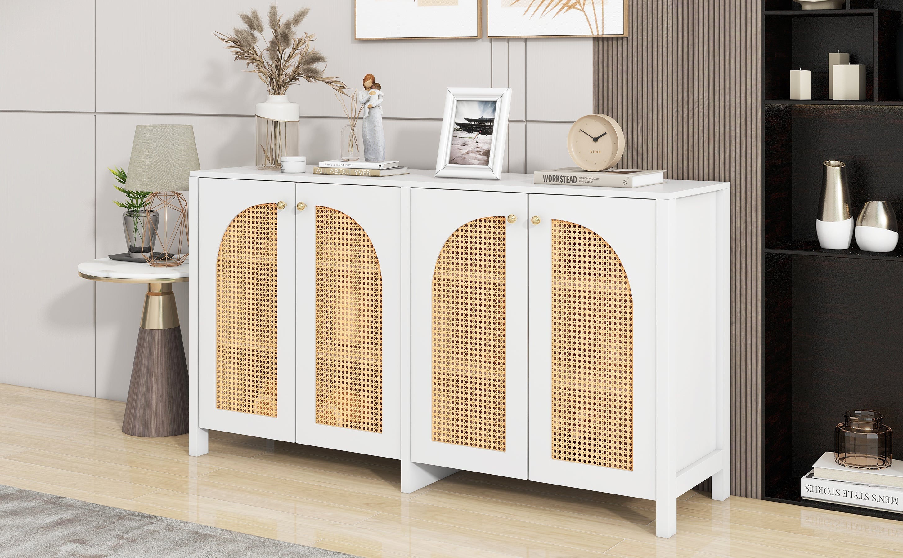 Logidon Modern dressoir 4 rotan deuren wit 145x40x80 cm