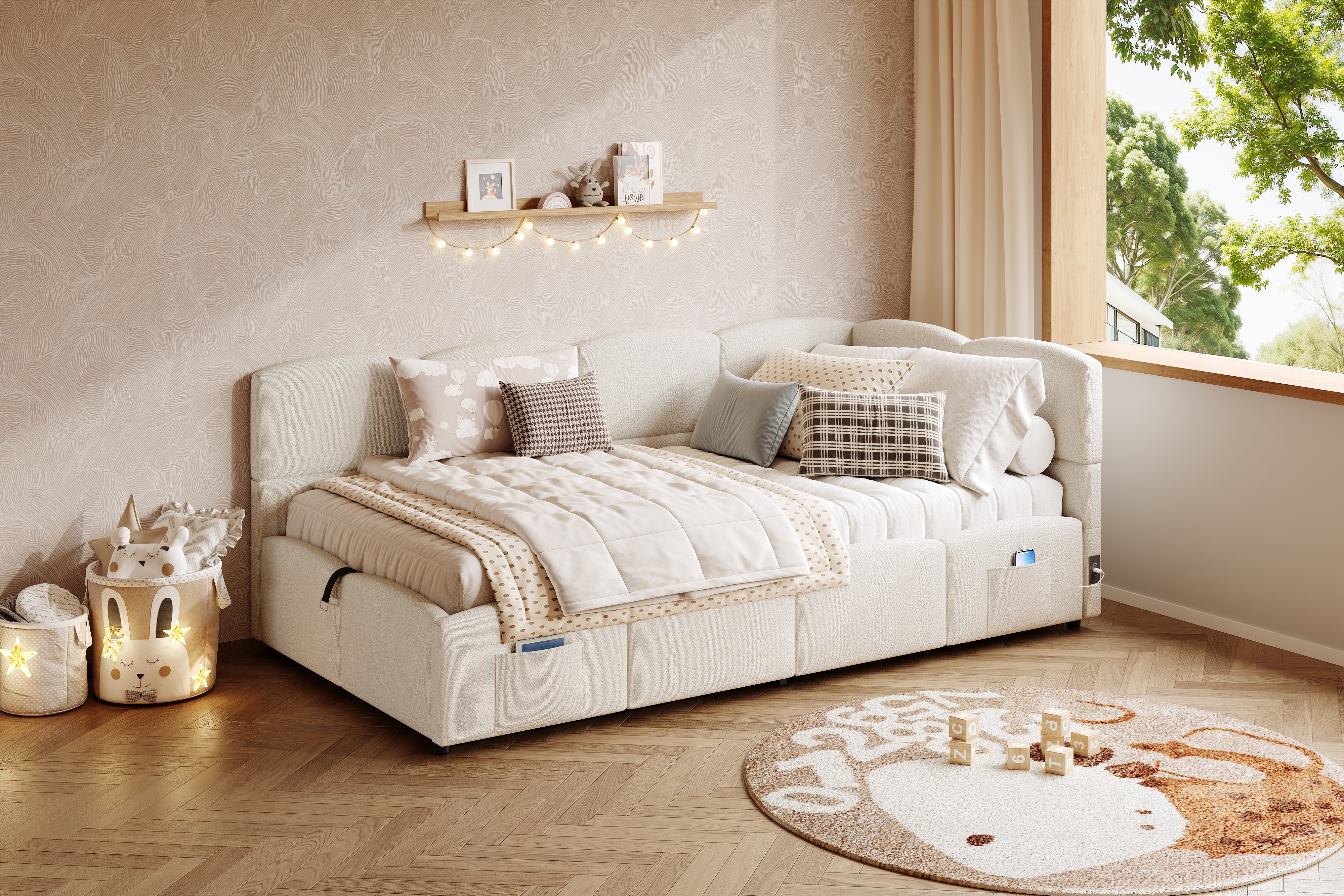 Logidon gestoffeerd bed 90x200 opbergbed slaapbank beige bouclé USB