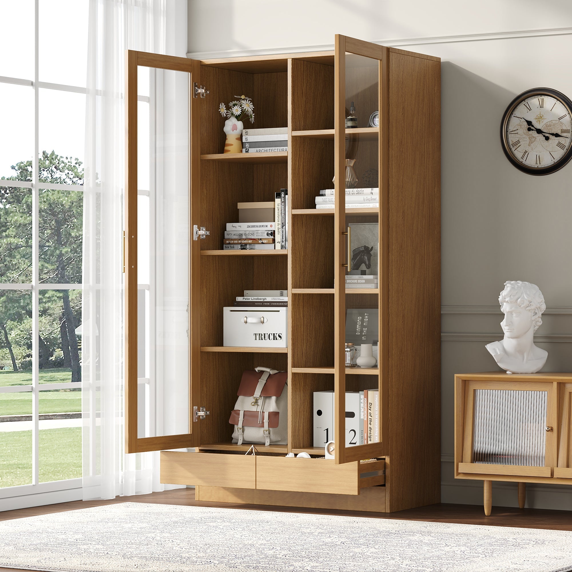 Logidon vitrinekast 80x40x160 cm naturel hout met push-to-open lades