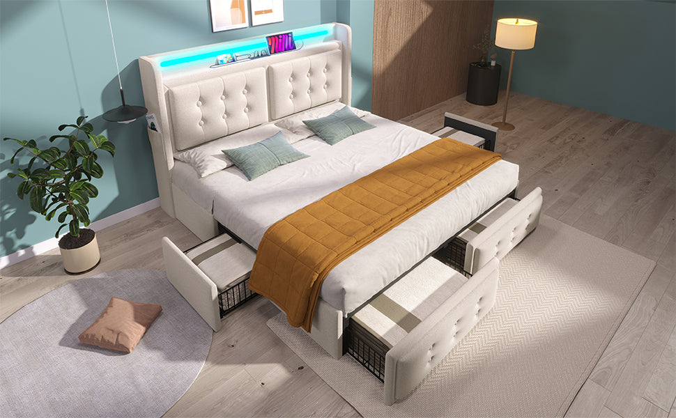 Logidon gestoffeerd bed 160x200 beige LED-hoofdbord USB-C oplaadfunctie