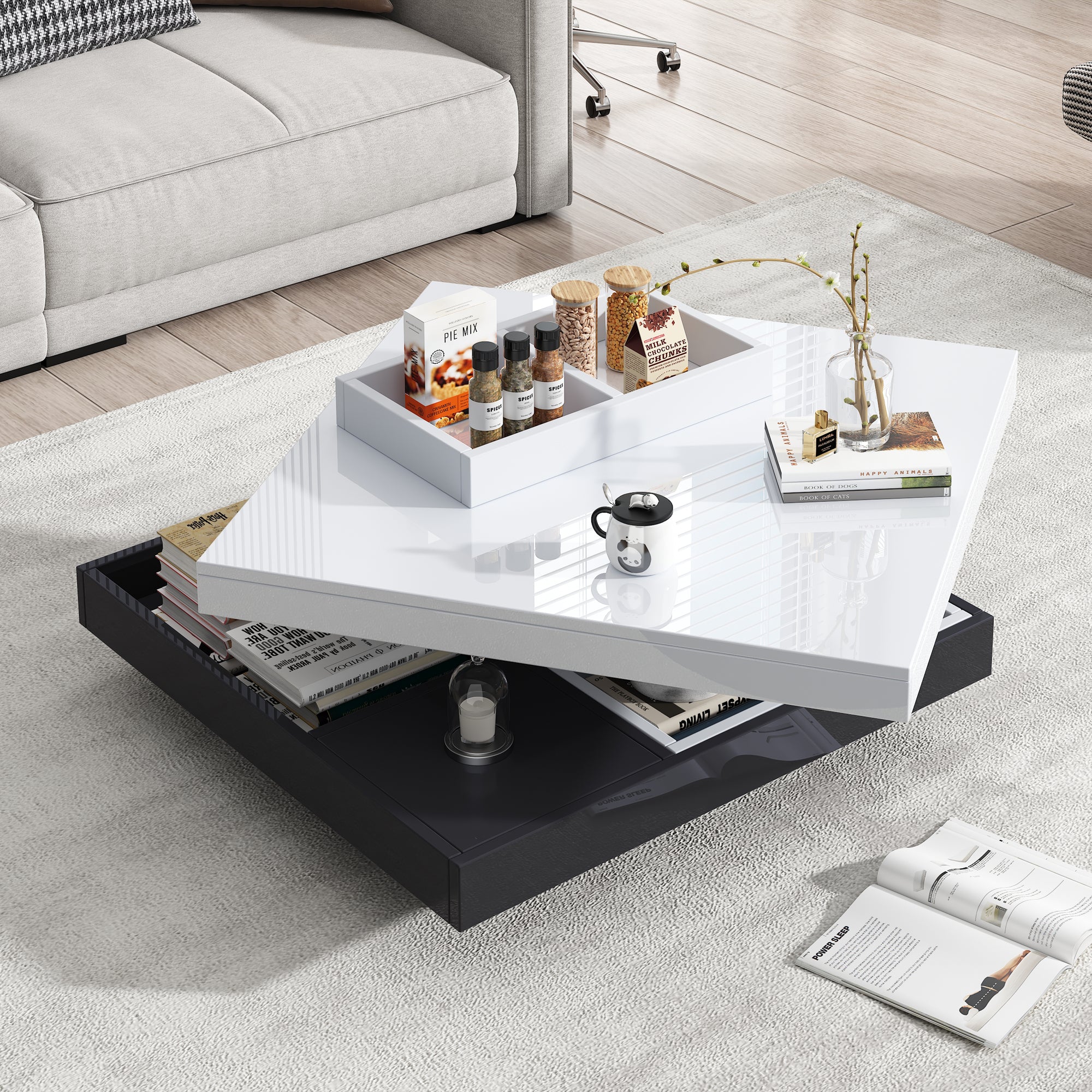 Logidon Draaibare Salontafel Wit Blad Zwart Onderstel 70x70x36