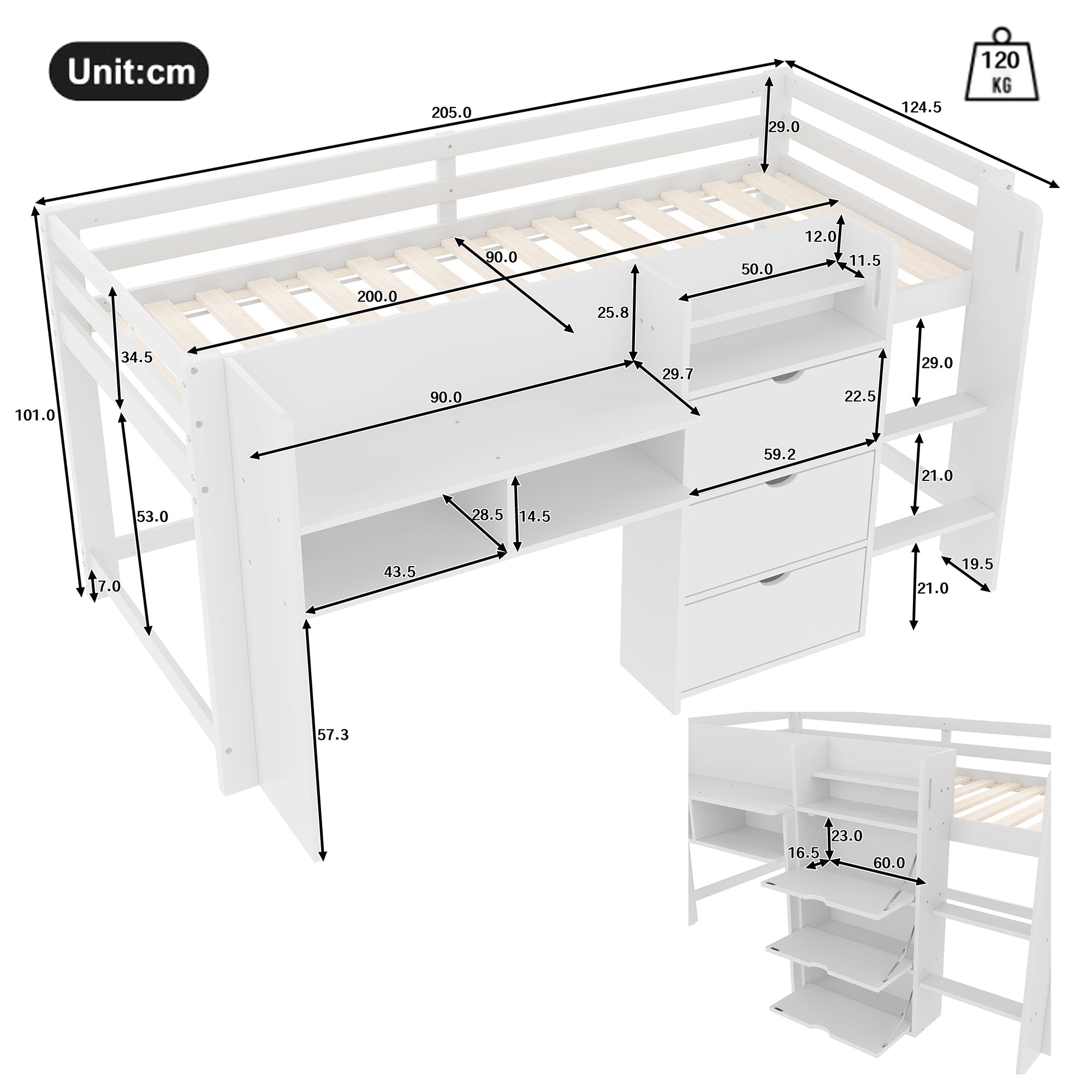 Logidon halfhoogslaper 90x200 cm wit opbergruimte entertainment