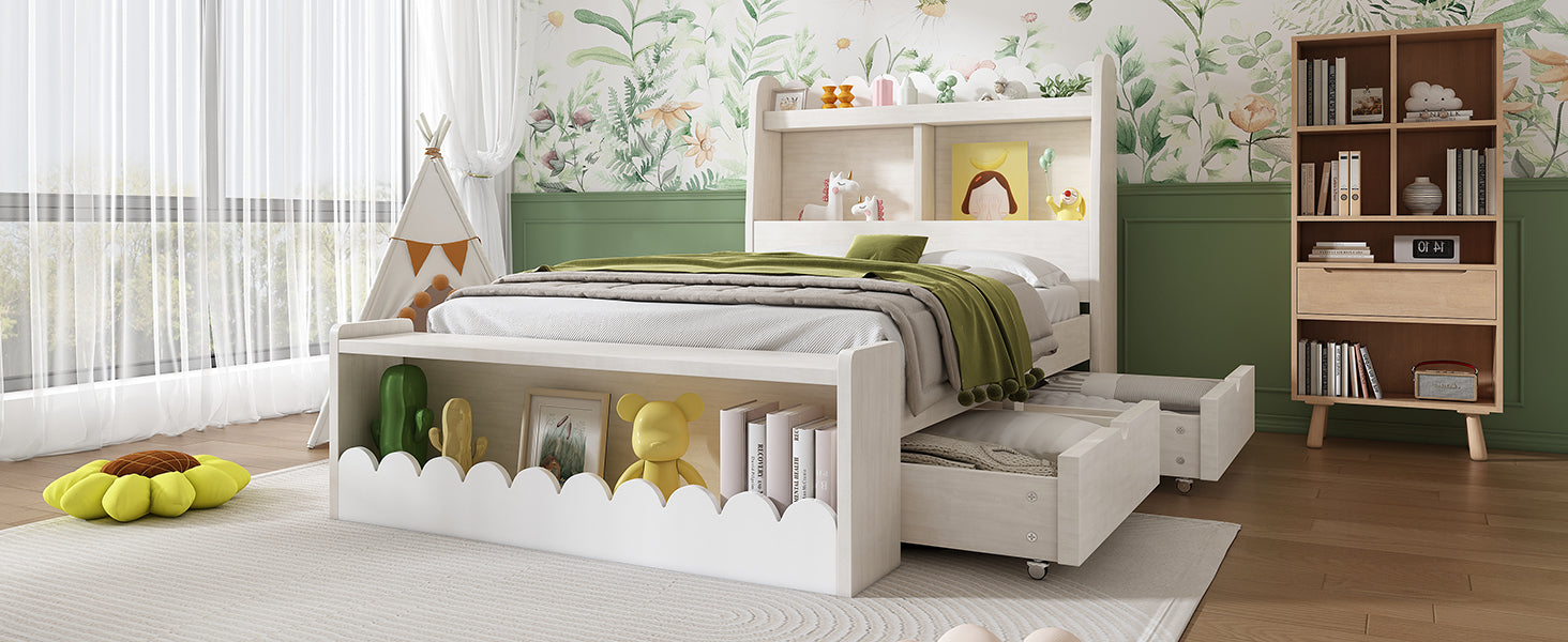 Logidon kinderbed 90x190 opbergruimte lades plank bank wit eiken