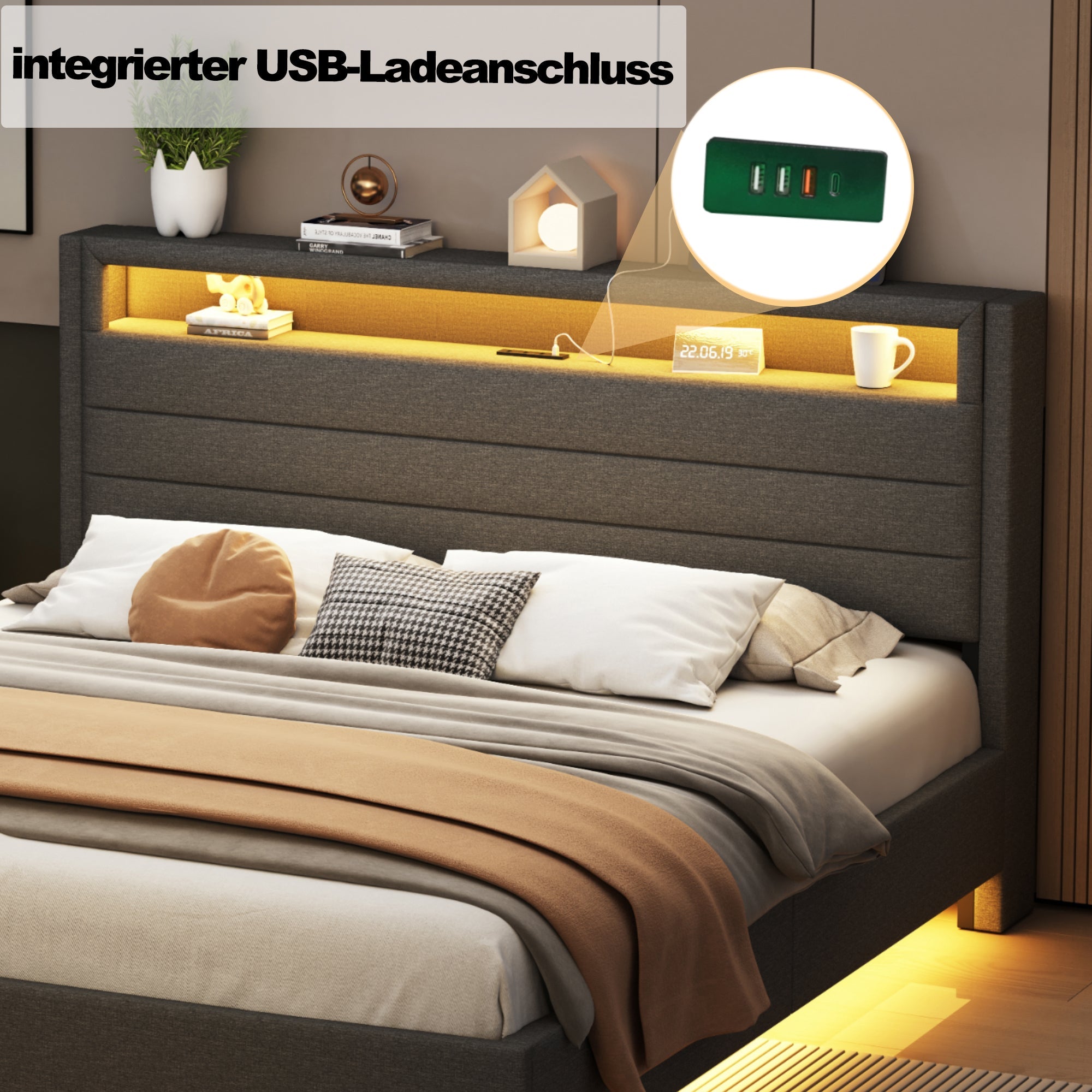 Logidon bed 140x200 cm grijs USB-aansluiting LED omkeerbaar hoofdeinde