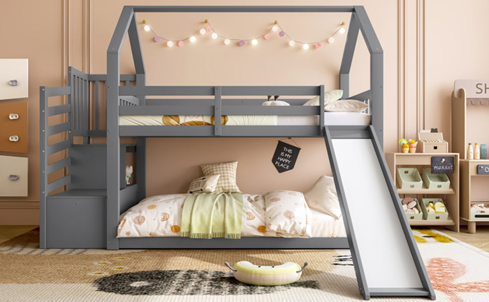 Logidon stapelbed grijs 90x200 met opbergtrap en glijbaan