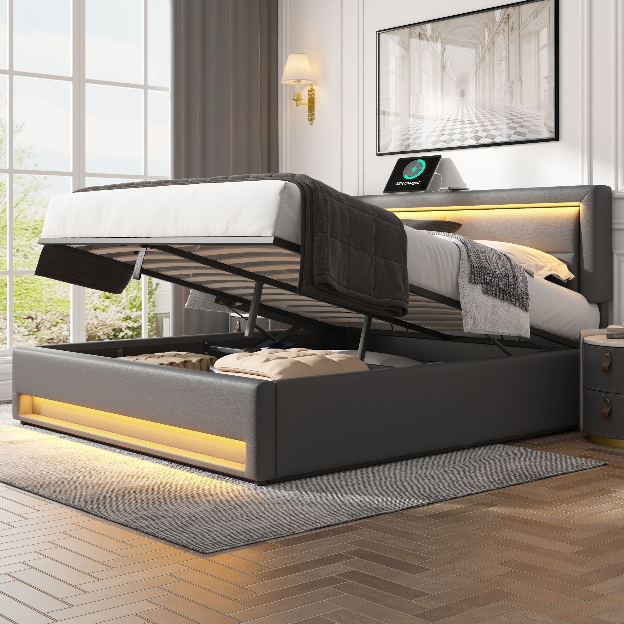 Logidon upholstered bed 140x200 gray with USB charging port LED storage space