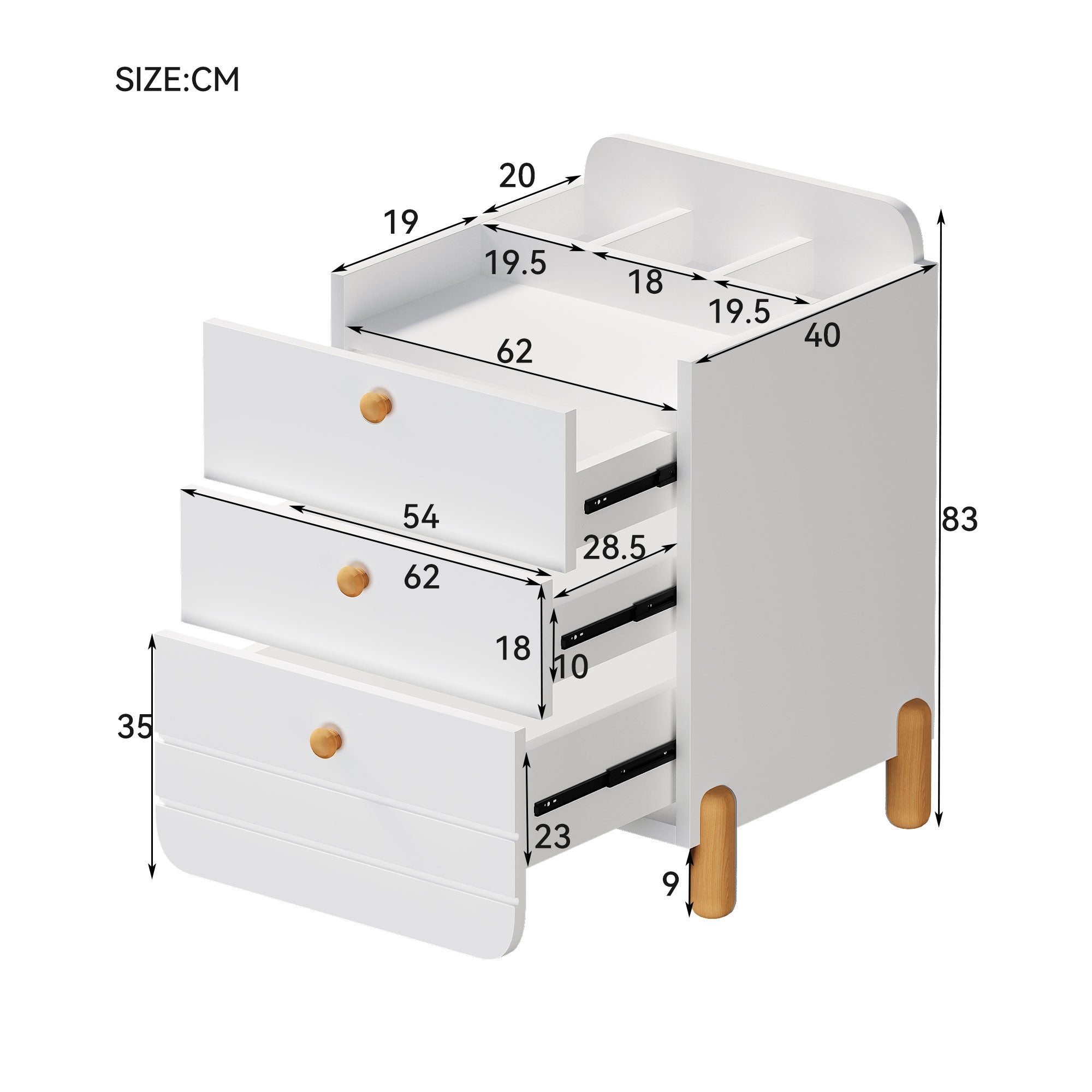 Logidon nachtkastje 3 lades wit houten poten elegant