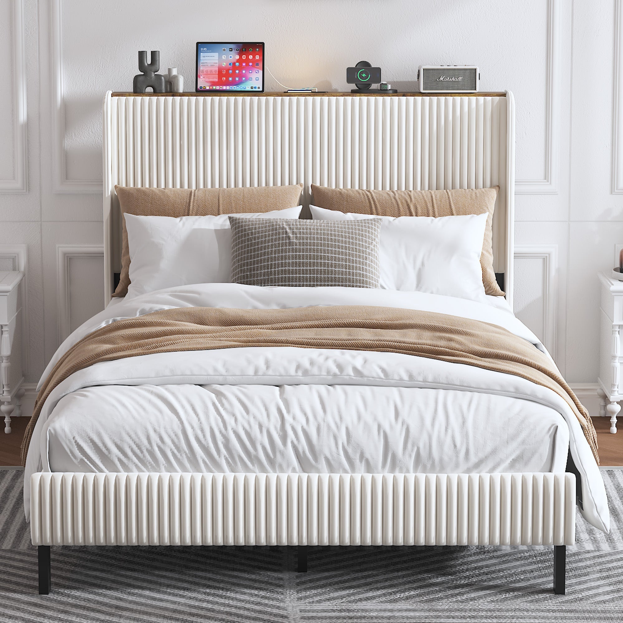 Logidon bedframe 140x200 beige fluwelen platformbed met vleugelhoofdeinde