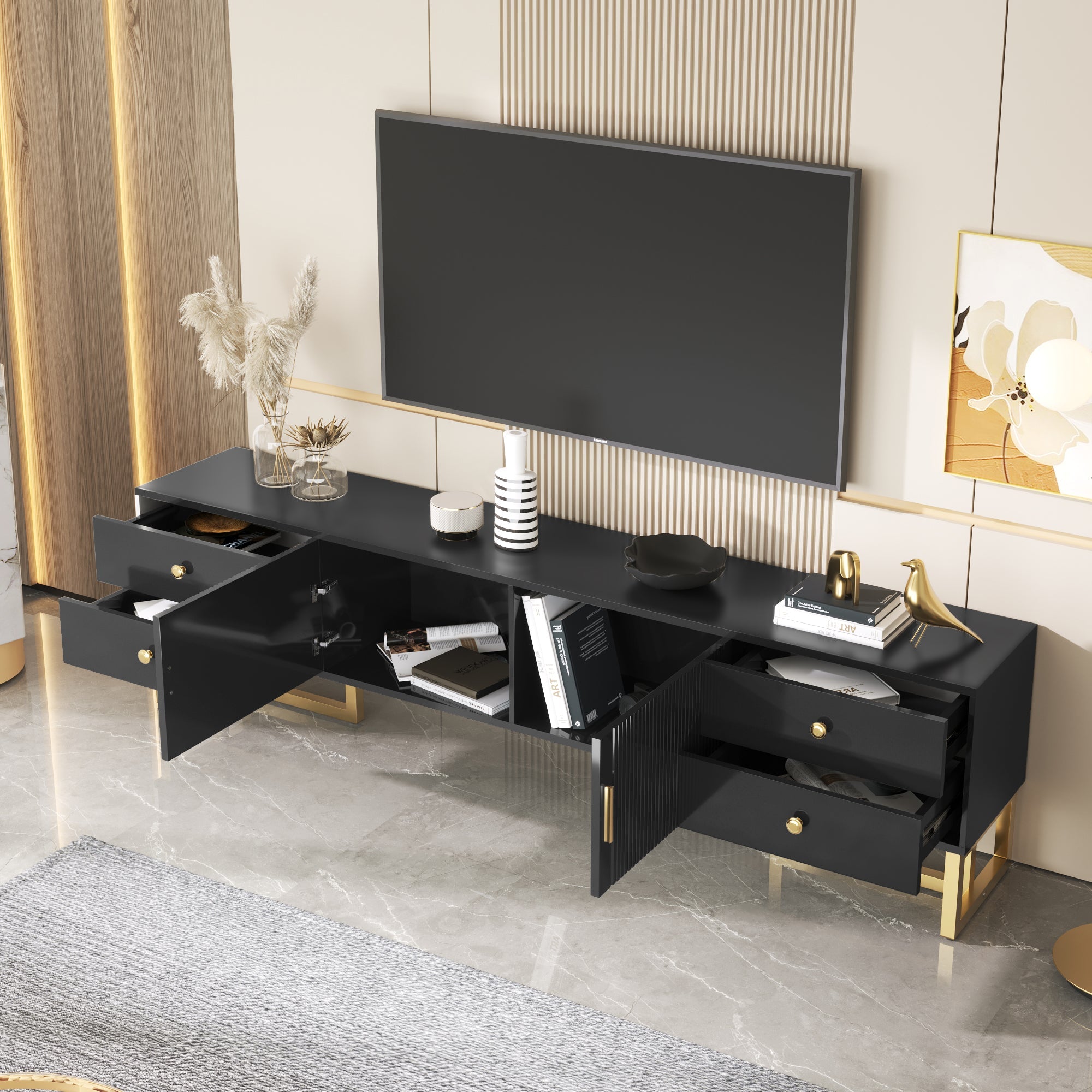 Logidon TV Cabinet Black With Textured Door And Golden Handles