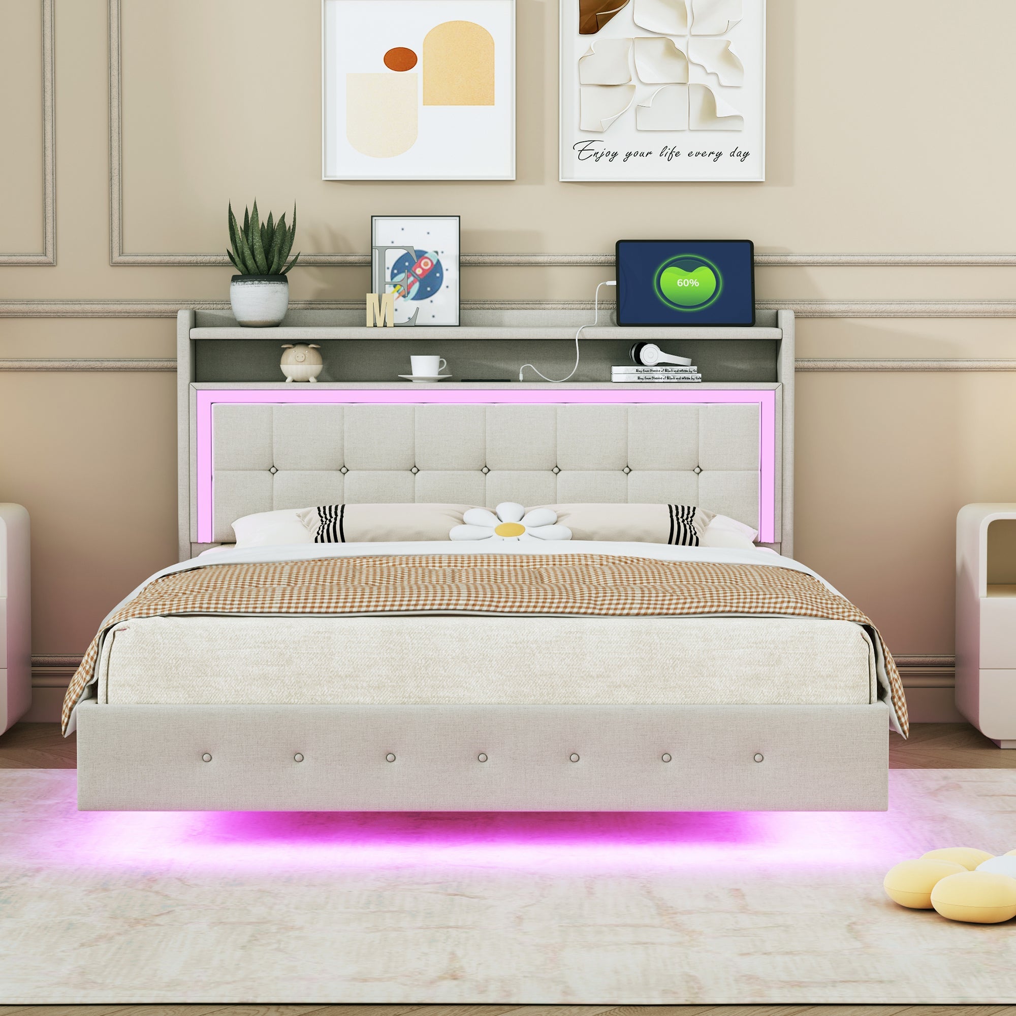 Logidon gestoffeerd bed 140x200 beige linnen met USB-aansluiting LED-verlichting