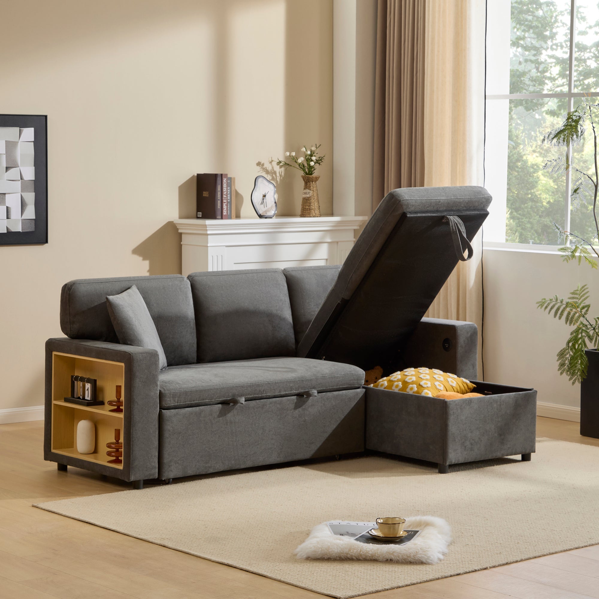 Logidon Corner Sofa Gray Extendable Bed With Bed Box Shelf 214x131