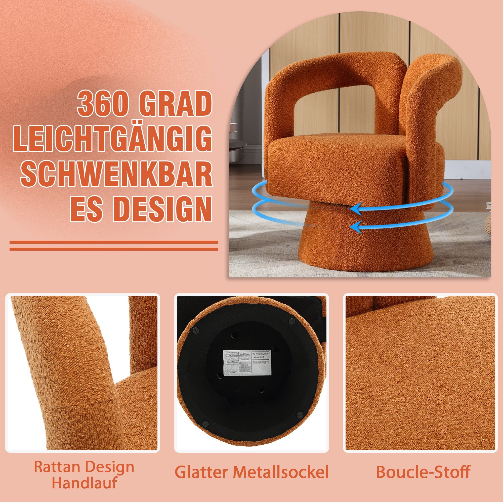 Logidon 360 graden draaistoel knuffelige tonaccentstoel Oranje Bouclé