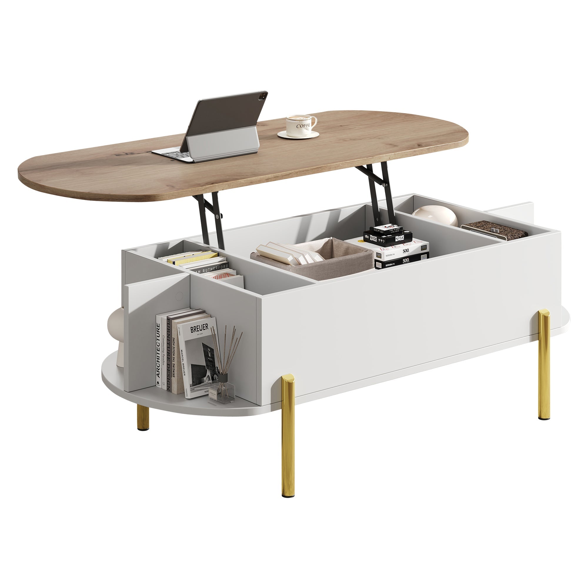 Logidon Verstelbare Salontafel 120x50x43 cm Met Opbergruimte Wit Hout