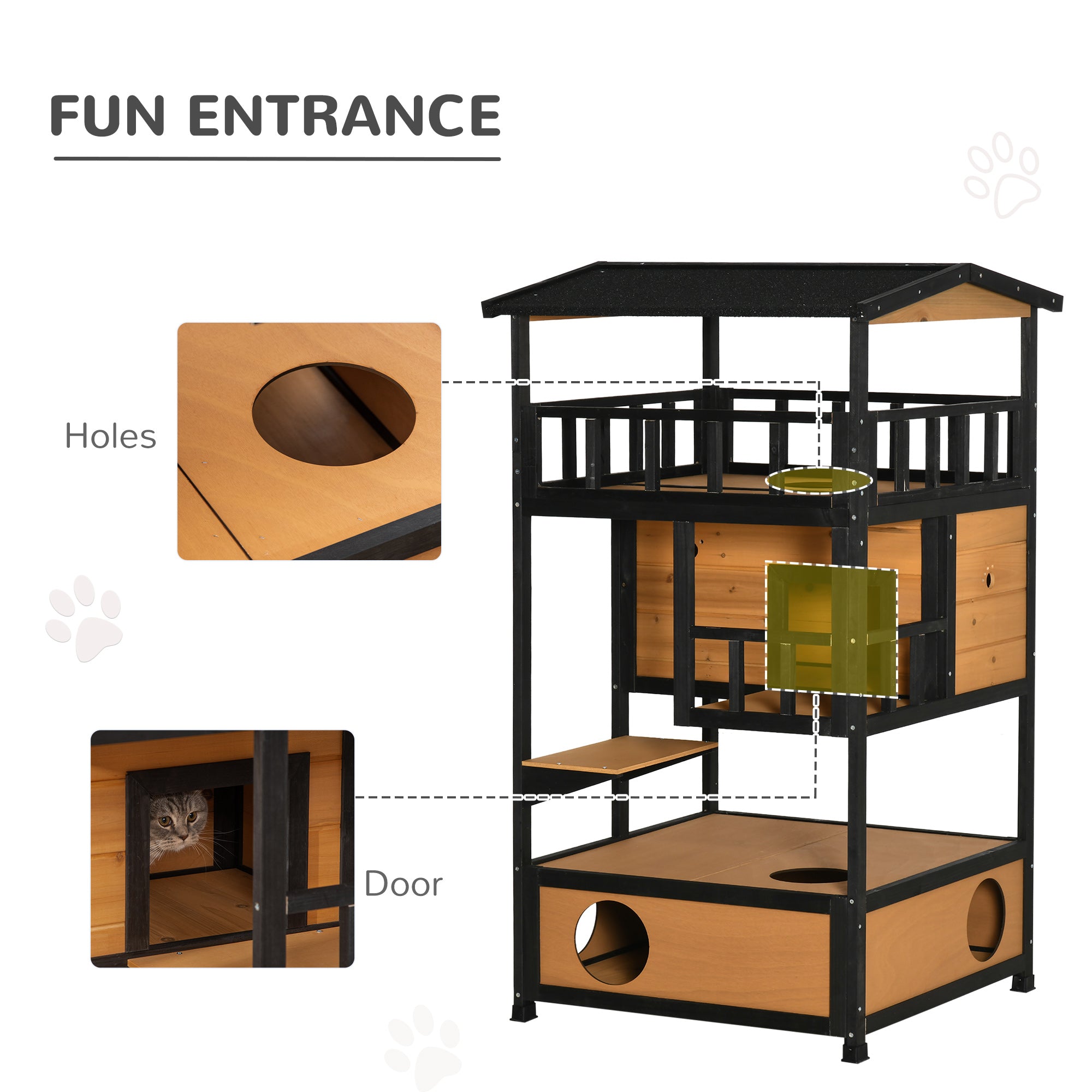 Logidon kattenhuis van dennenhout geel 75,5x75x137 cm 4 niveaus, trappen