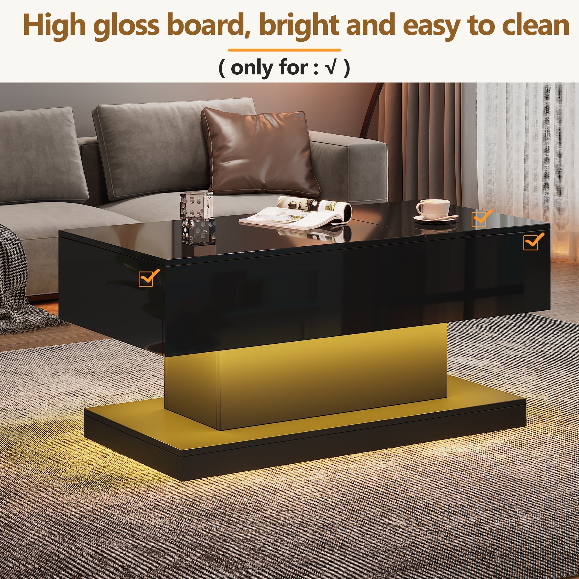 Logidon hoogglans liftsalontafel zwart 100x50x45 cm LED-verlichting