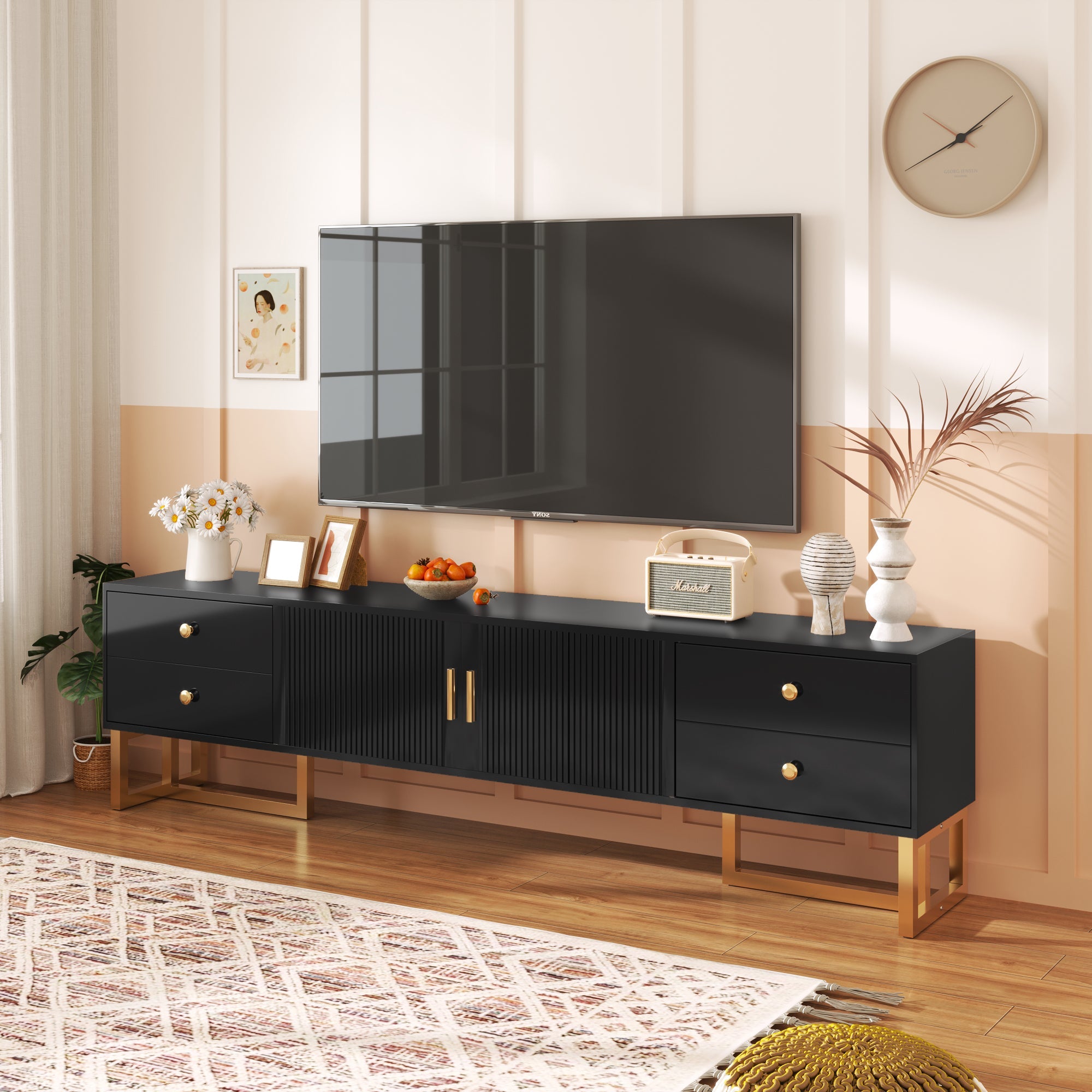 Logidon TV Cabinet Black With Textured Door And Golden Handles