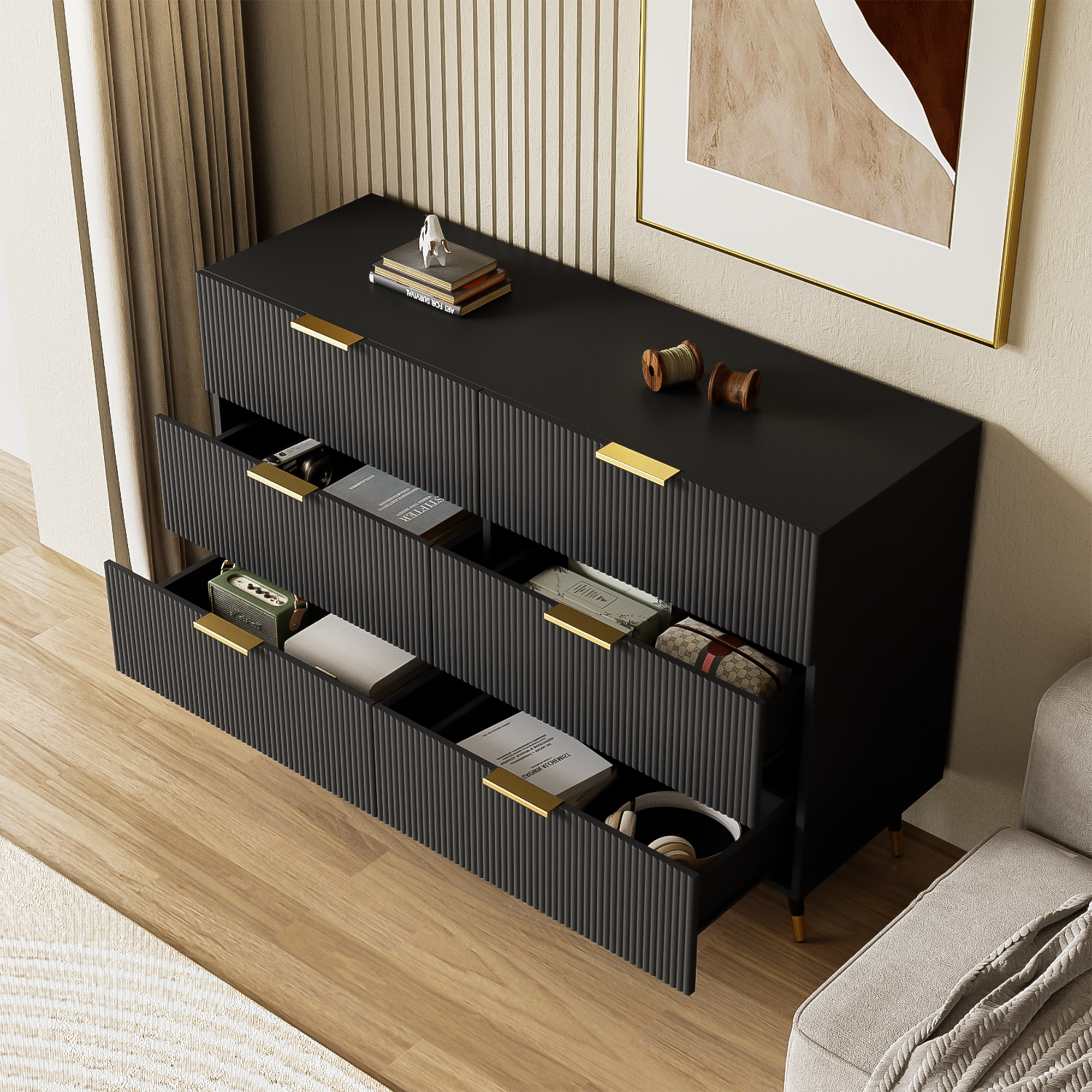 Logidon Elegant Dressoir Zwart Moderne Stijl 6 Laden