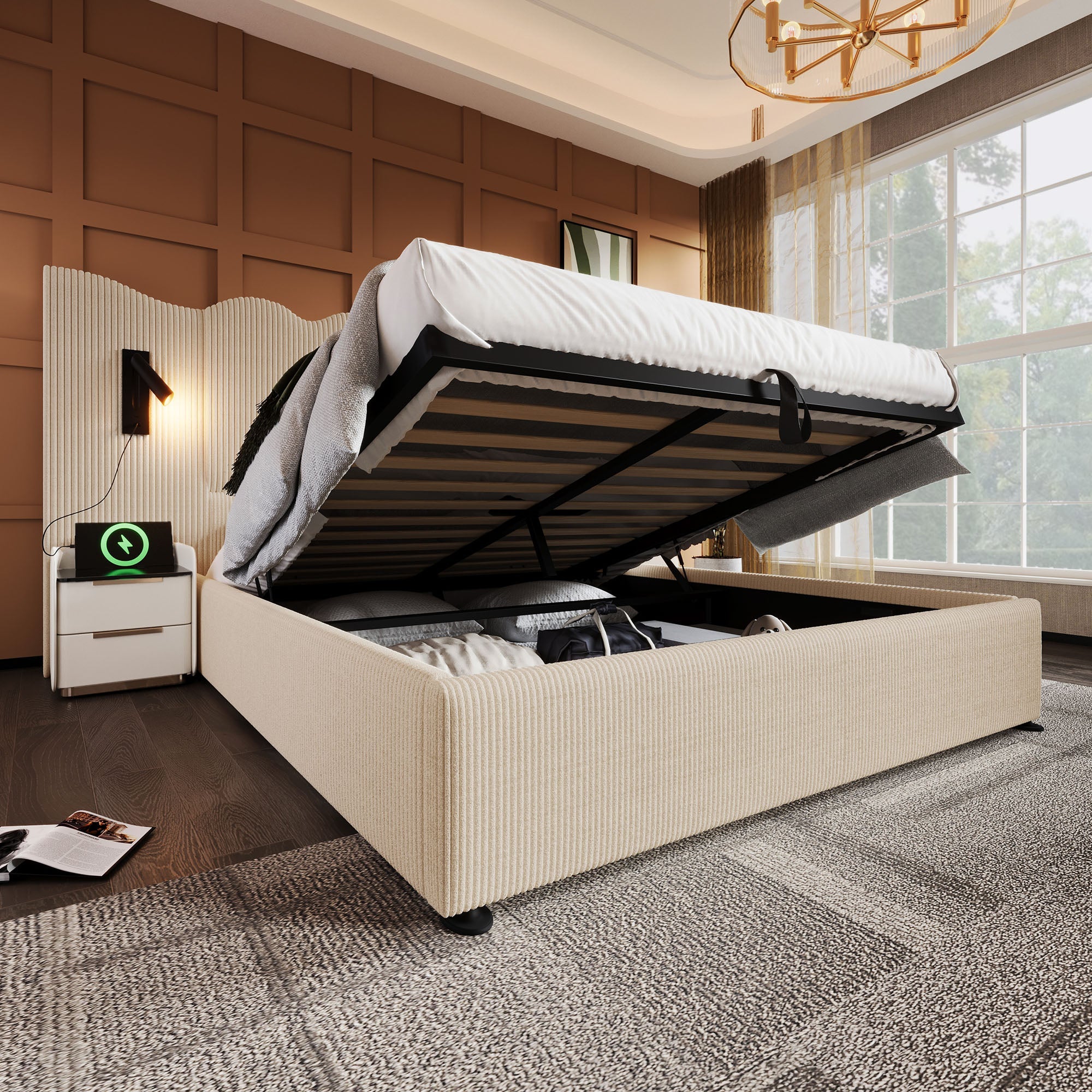 Logidon upholstered bed 160x200 beige with reading lamp USB charging function