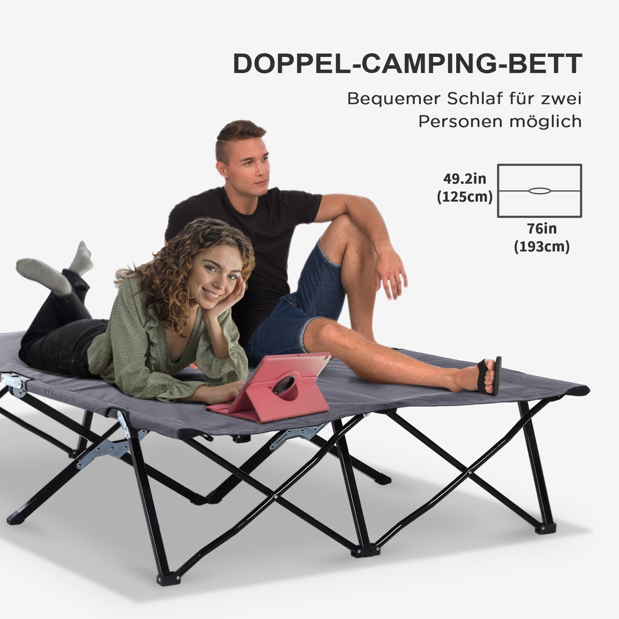Logidon opklapbaar campingbedje voor 2 personen grijs 193x125x40 cm