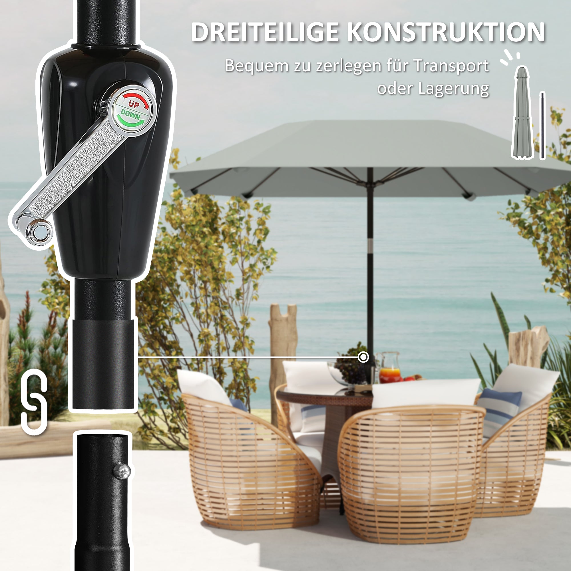 Logidon parasol Ø233 cm vouwfunctie achthoekig donkergrijs