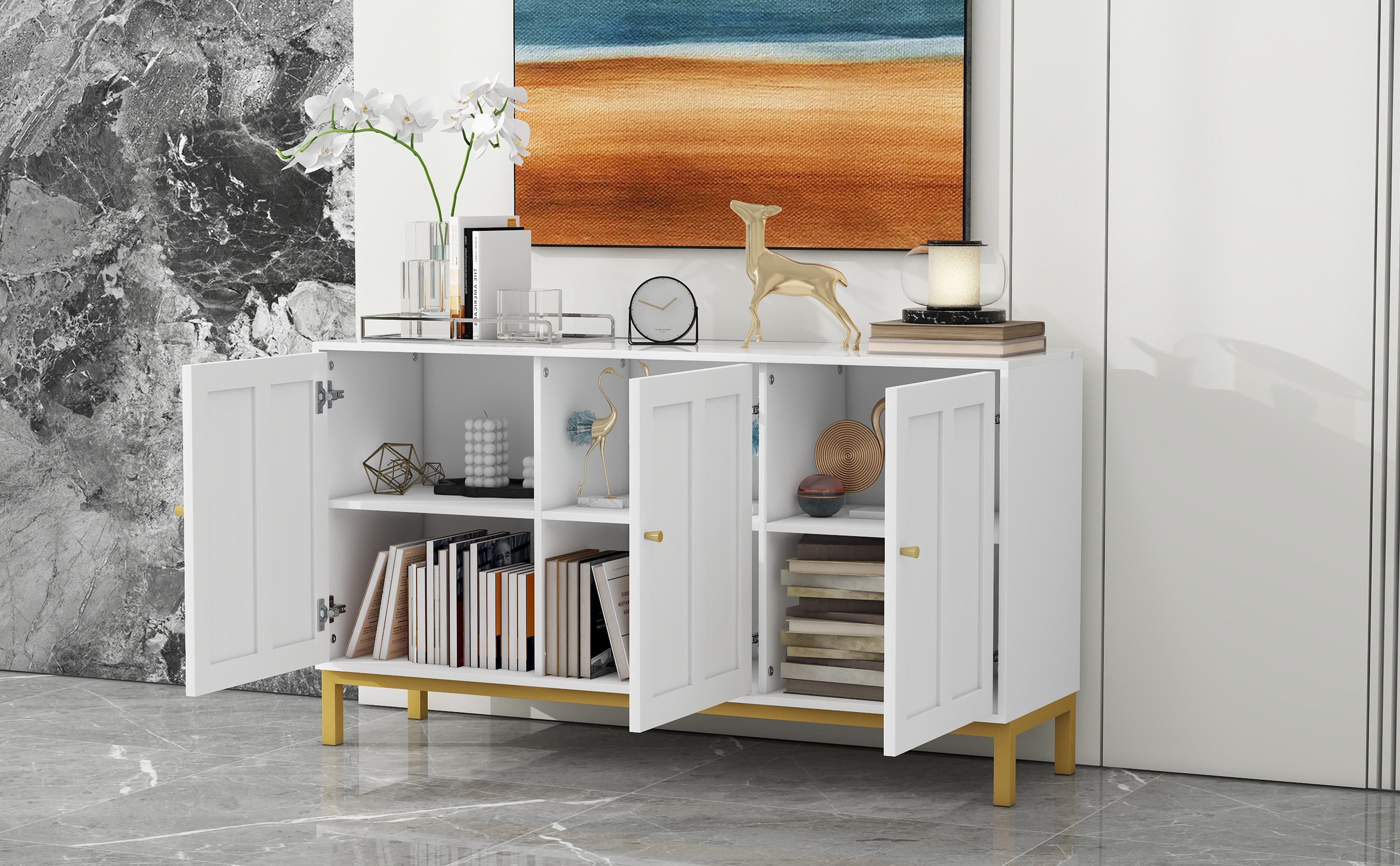Logidon sideboard 3 doors with marble table top white 140 cm
