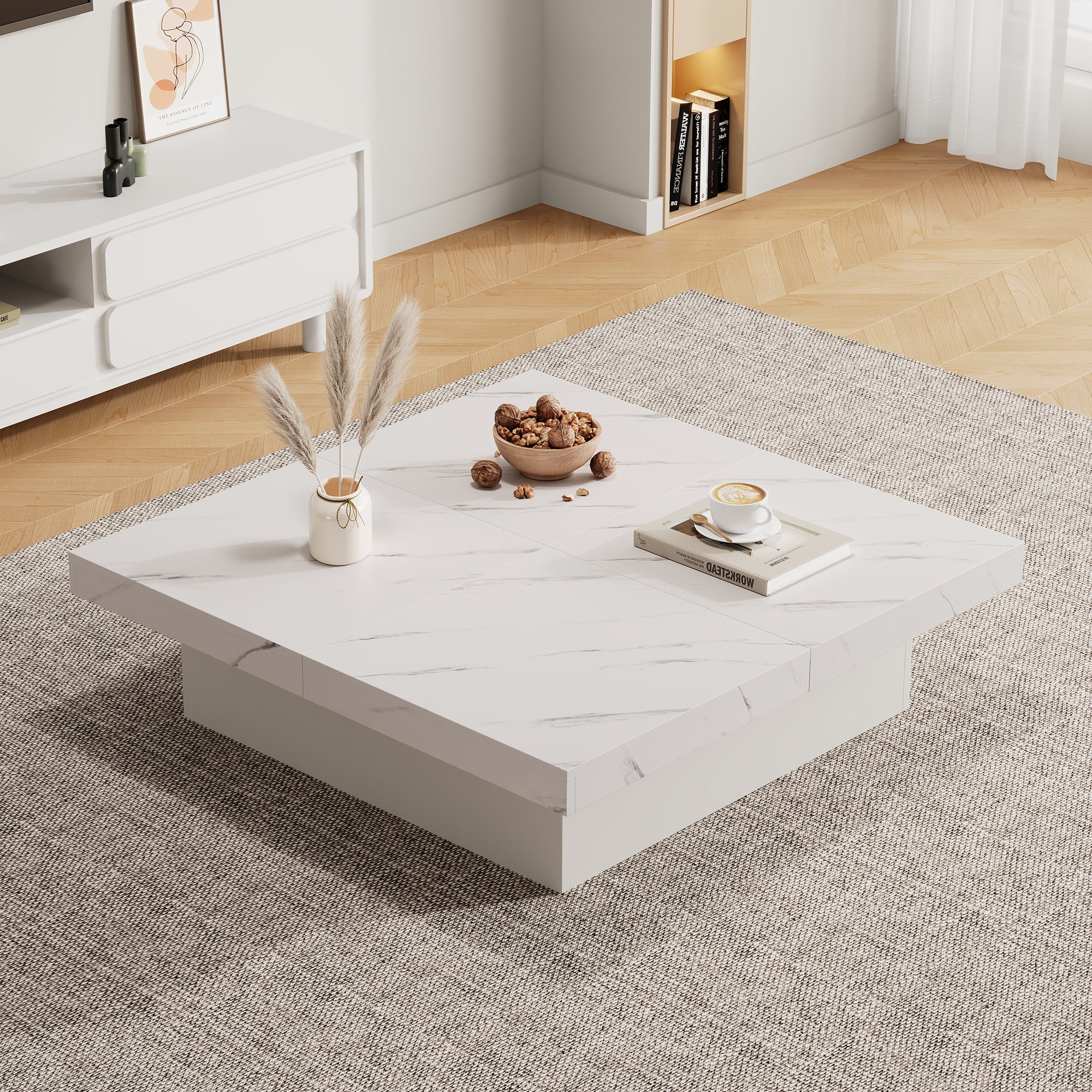 Logidon vierkante salontafel wit marmerlook 90x90x25 cm met lades
