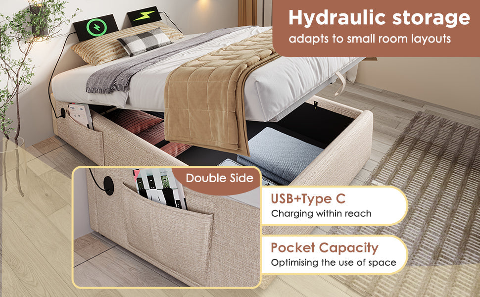 Logidon gestoffeerd bed 90x200 naturel linnen USB C opladen volledige lattenbodem