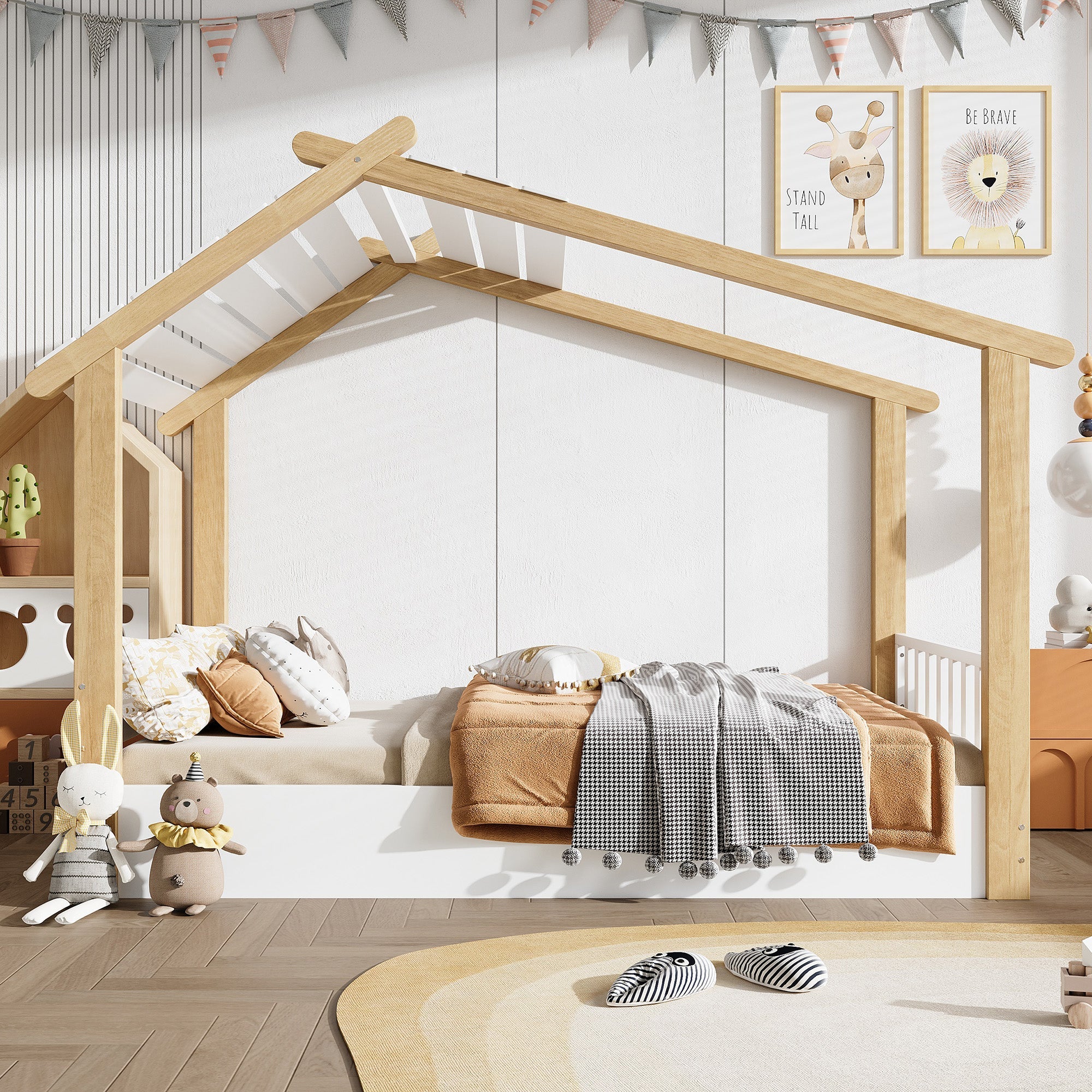 Logidon children's bed 90x200 cm white natural - wooden house design slatted frame