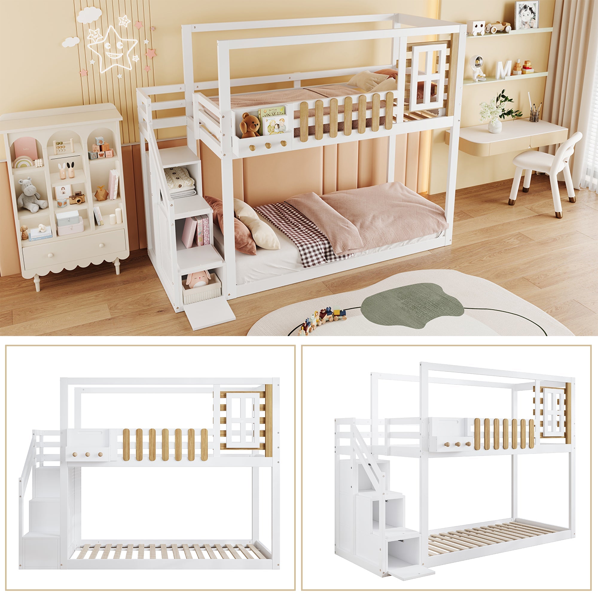 Logidon Bunk Bed With Stairs Window Pine Wood White 90x200 cm