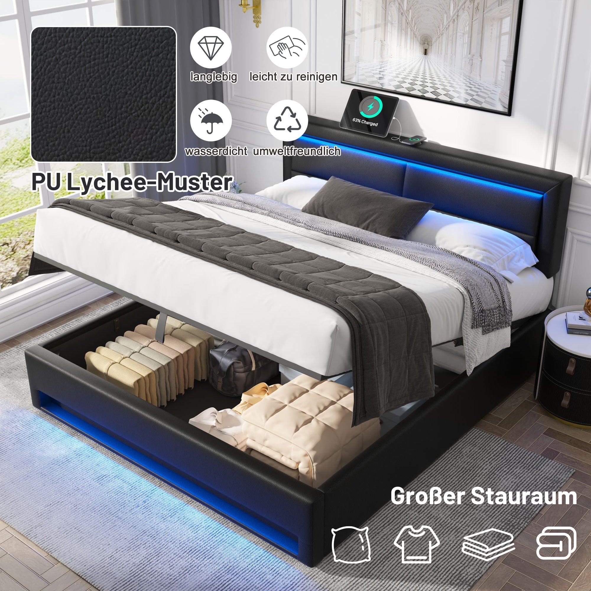 Logidon upholstered bed 140x200 black LED USB charging port storage space